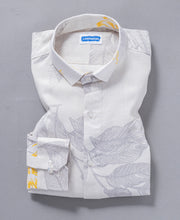 White Hemp Linen Printed Shirt For Men With Leaf Pattern Design