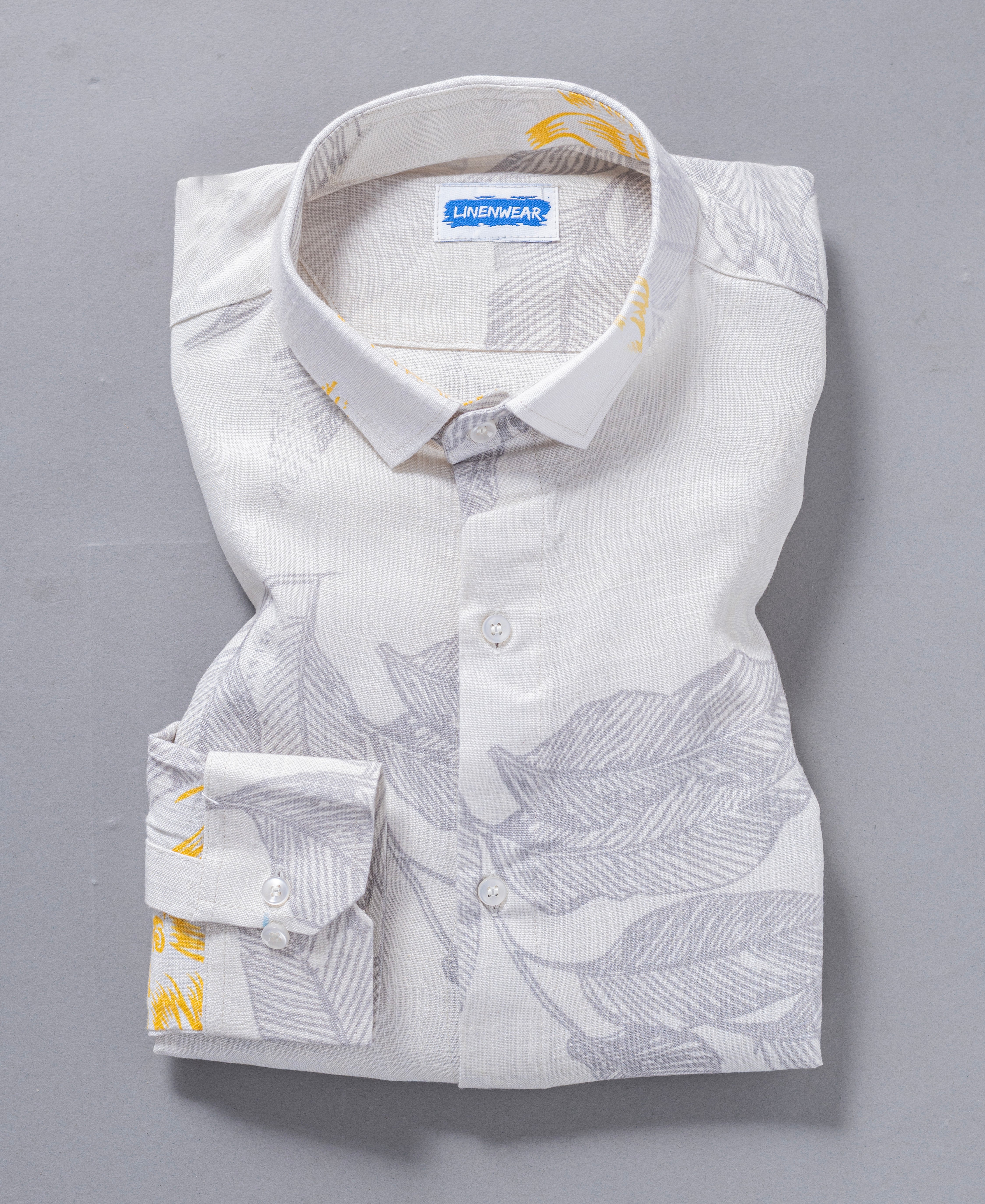 White Hemp Linen Printed Shirt For Men With Leaf Pattern Design