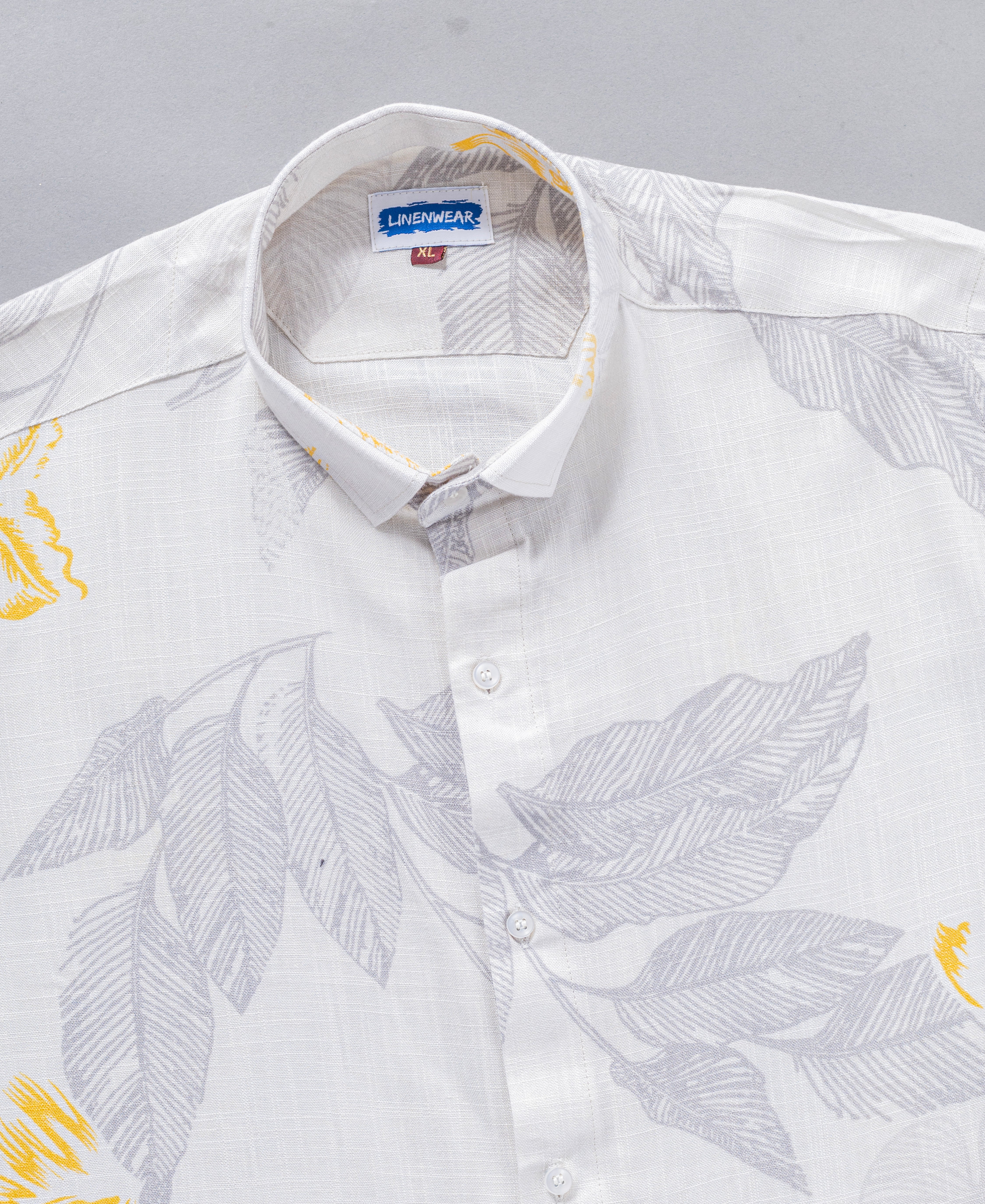 White Hemp Linen Printed Shirt For Men With Leaf Pattern Design
