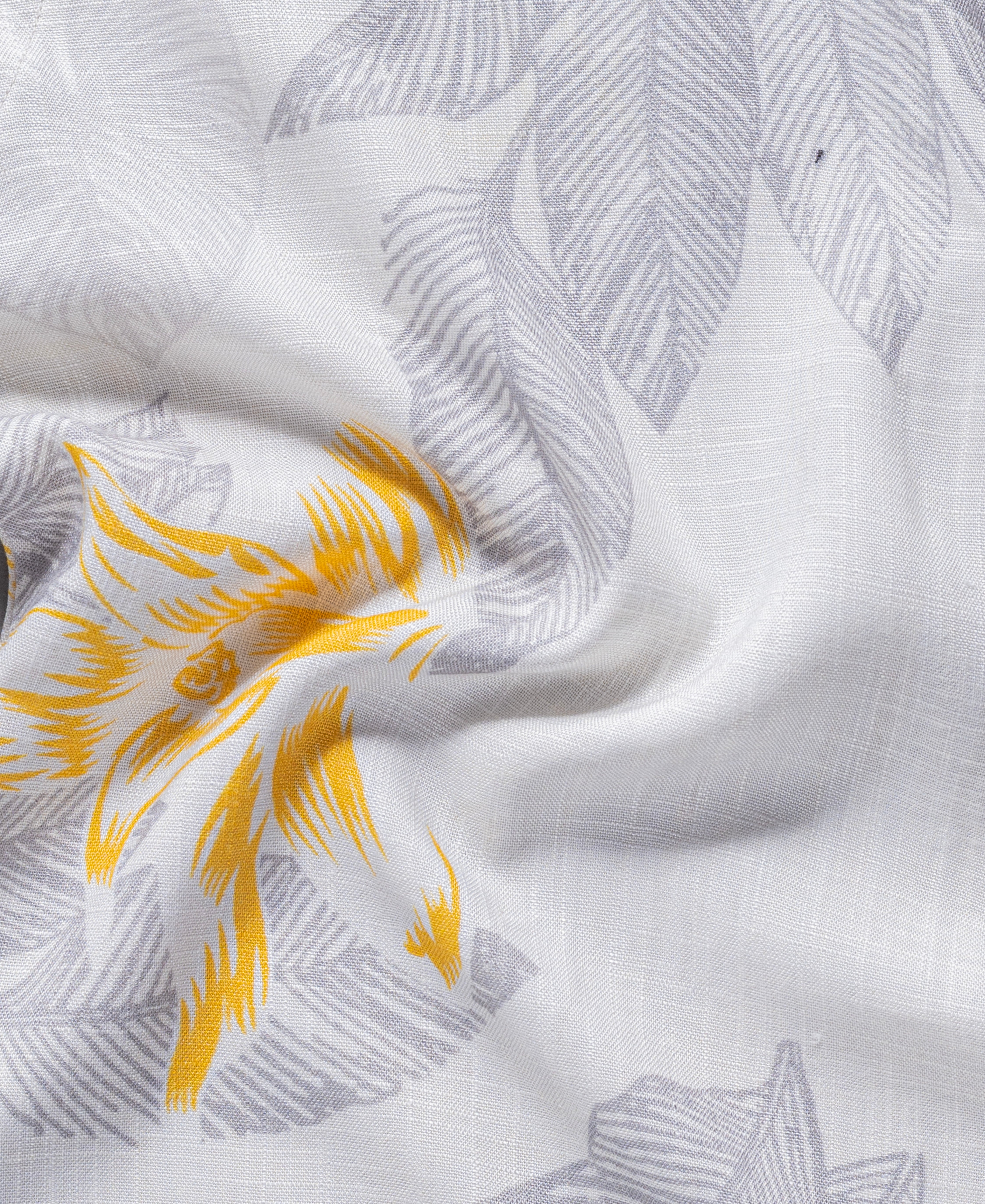 White Hemp Linen Printed Shirt For Men With Leaf Pattern Design