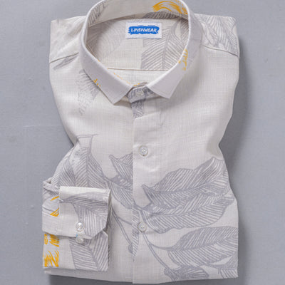 Gray Hemp Linen Printed Shirt For Men With Leaf Pattern Design