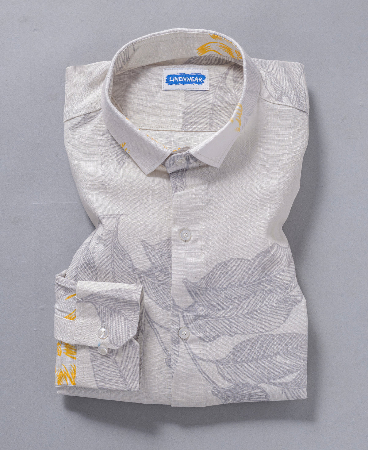 Gray Leaf Printed Hemp Linen Shirt