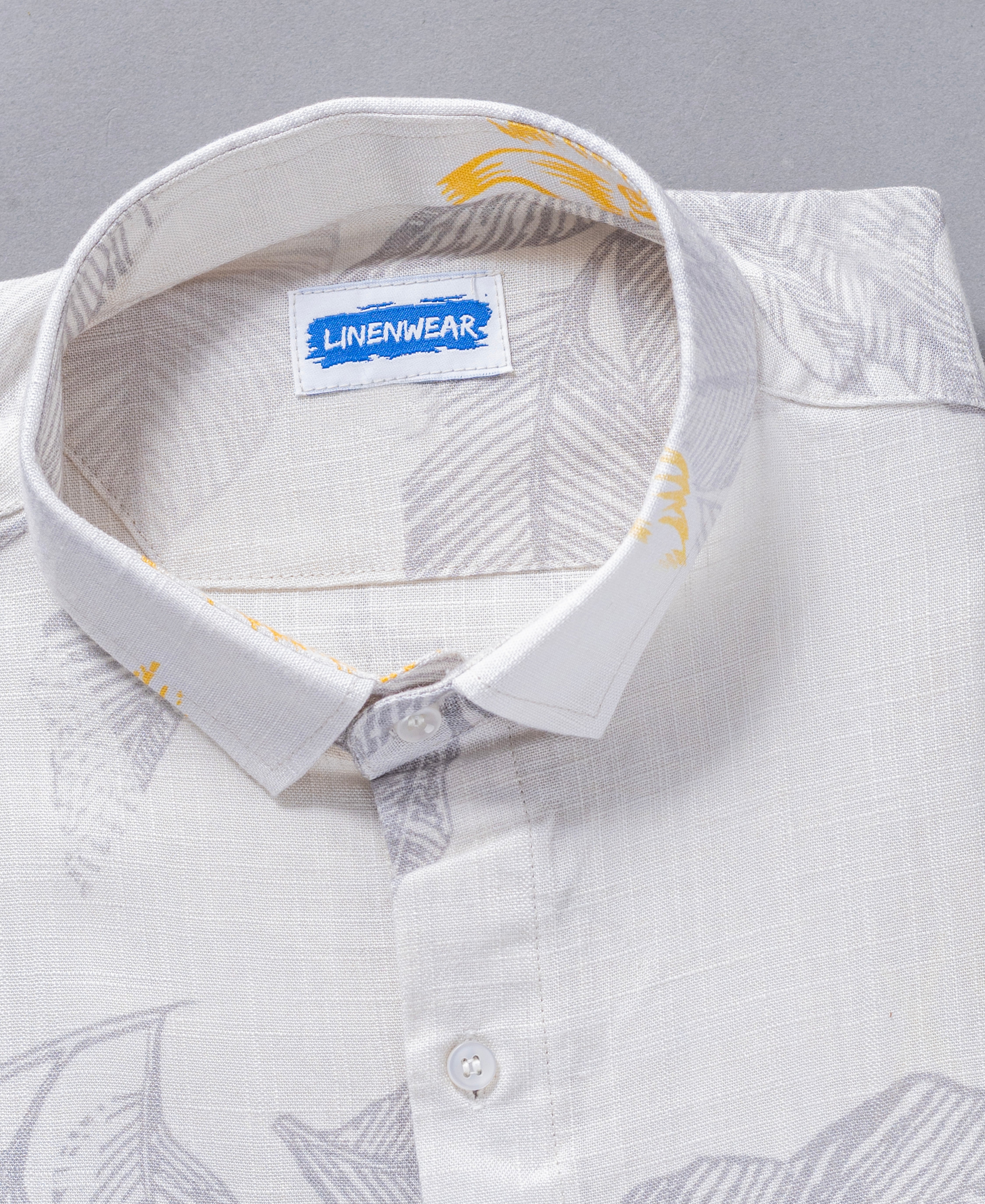 White Hemp Linen Printed Shirt For Men With Leaf Pattern Design