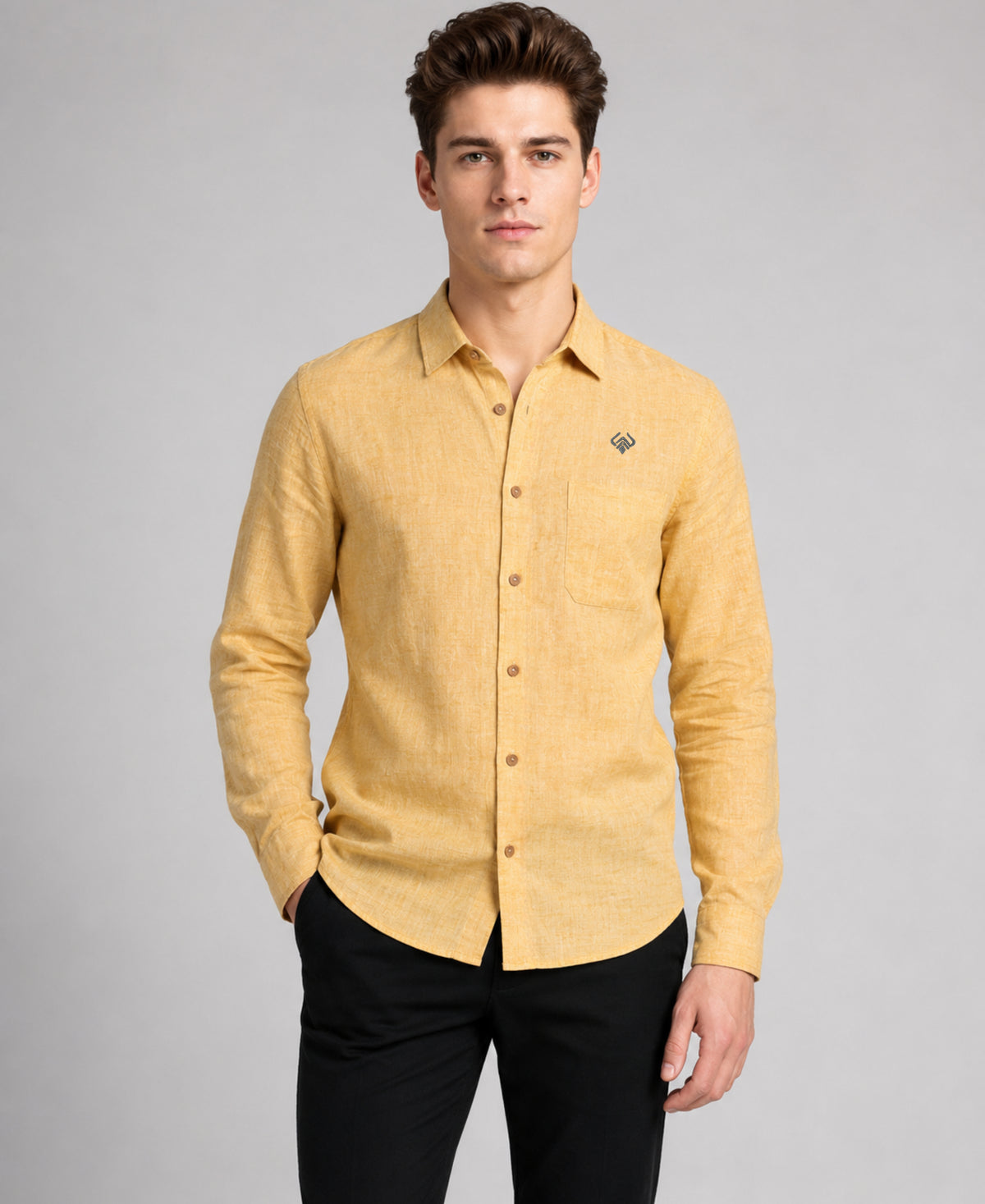 Mustard Pure Linen Shirt for Men Soft Breathable Fabric