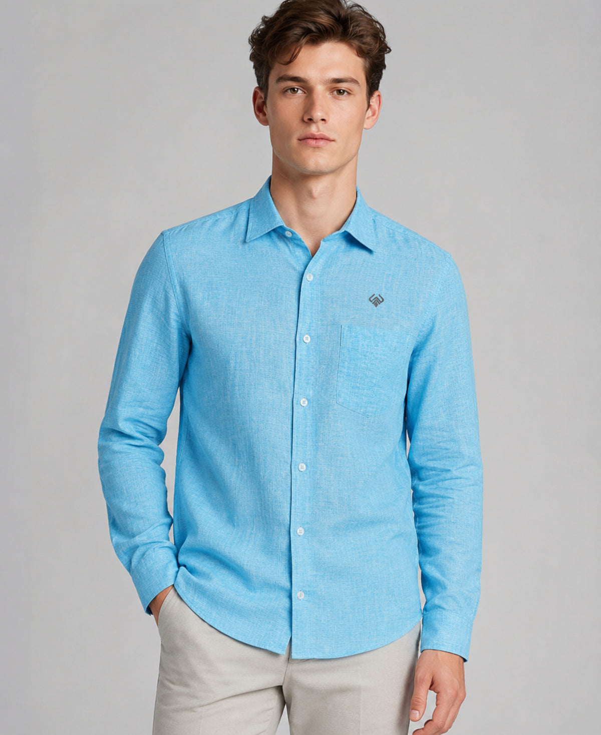 Turquoise Blue Pure Linen Shirt With Long Sleeve