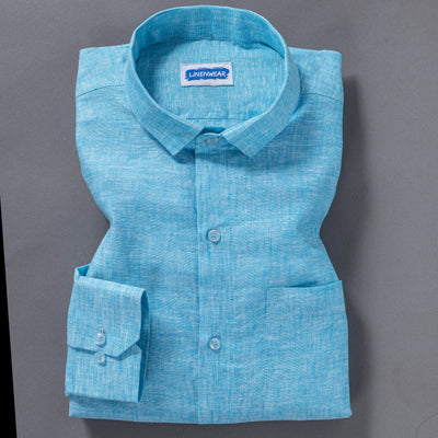 Turquoise Blue Pure Linen Shirt With Long Sleeve