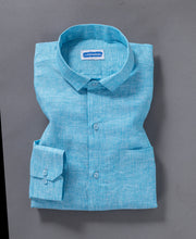 Turquoise Blue Pure Linen Shirt With Long Sleeve