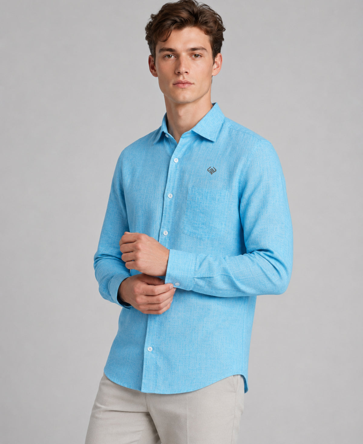 Turquoise Blue Pure Linen Shirt With Long Sleeve