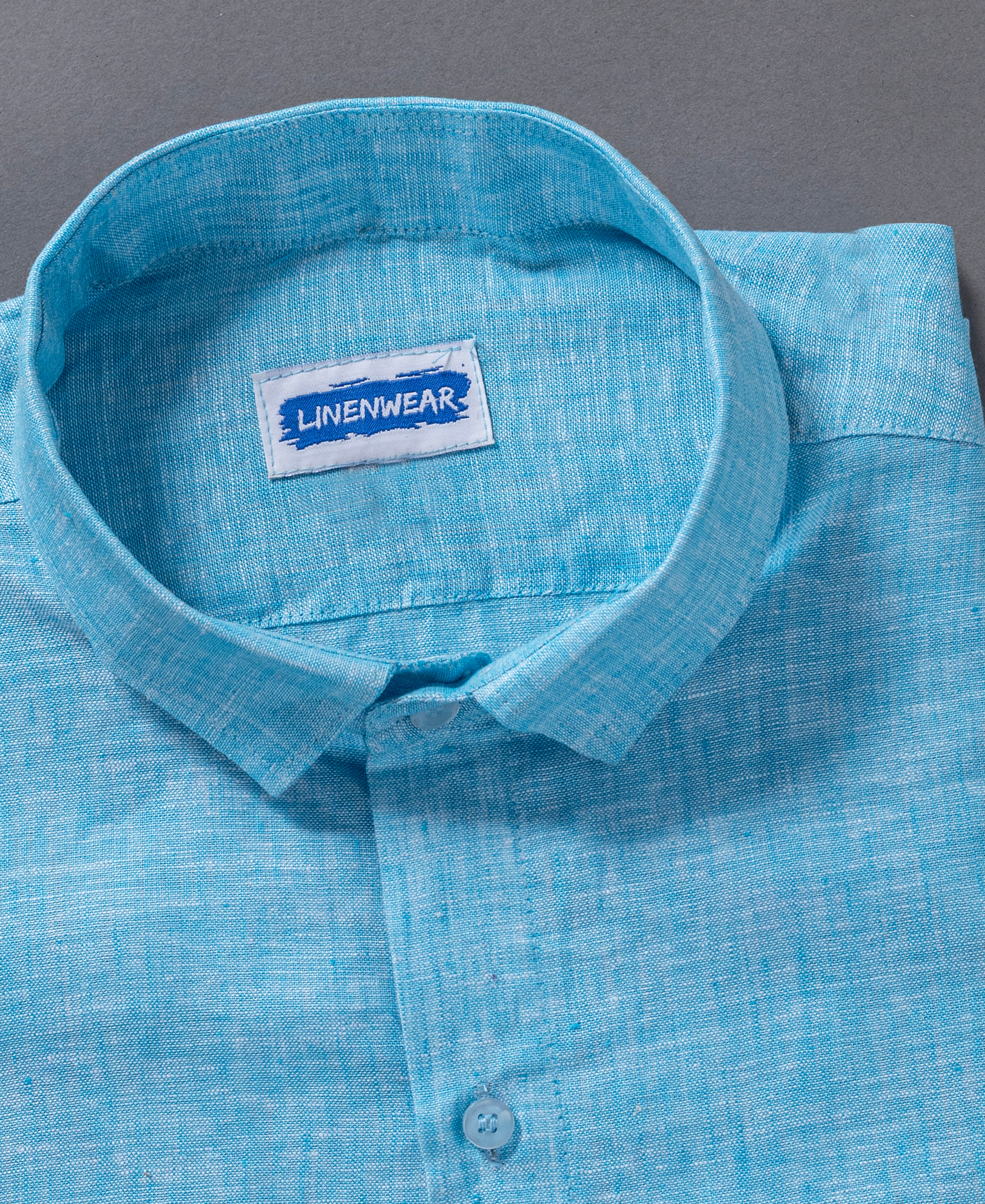 Turquoise Blue Pure Linen Shirt With Long Sleeve