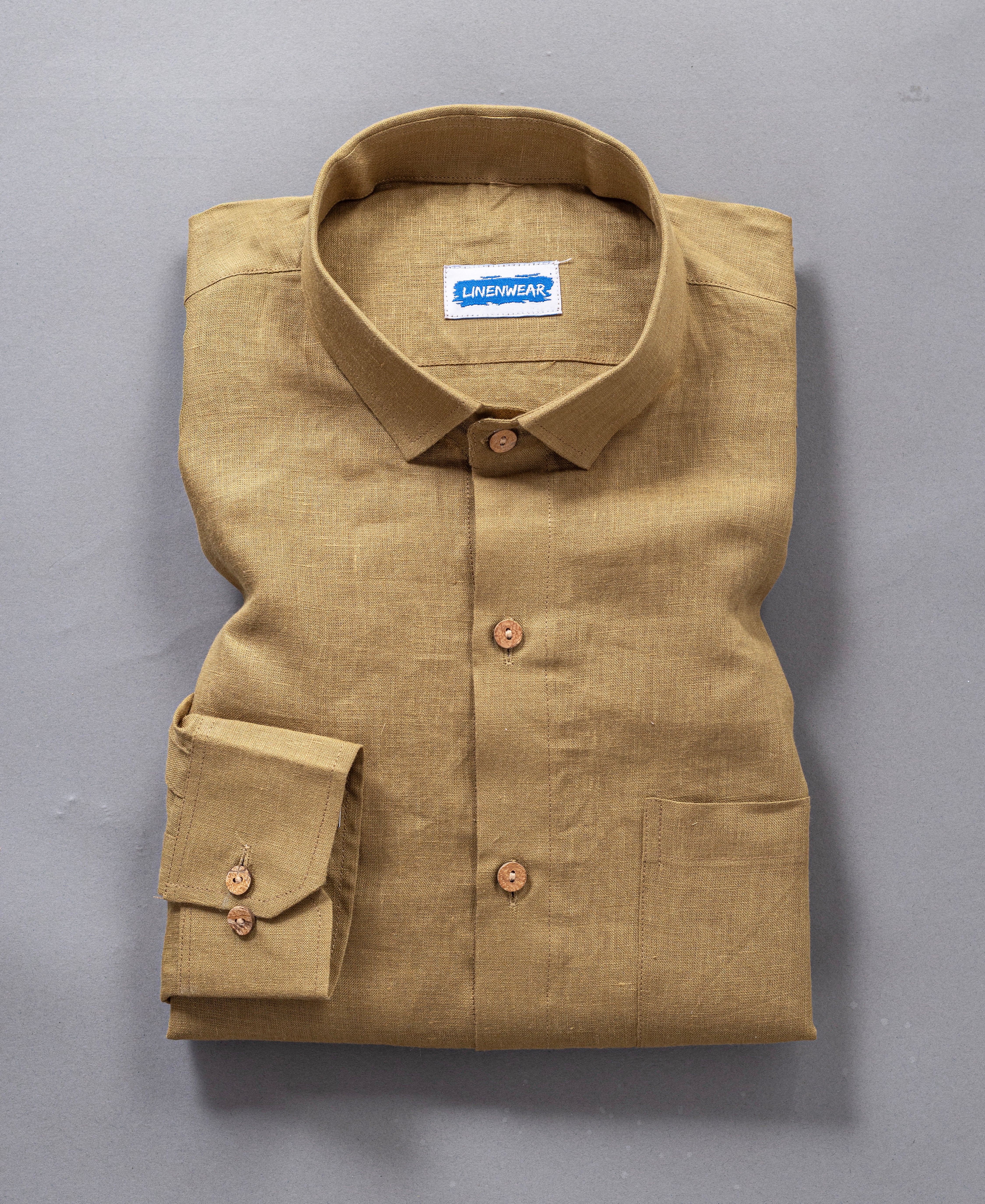 Olive Brown Pure Linen Shirt Relaxed Fit With Pocket