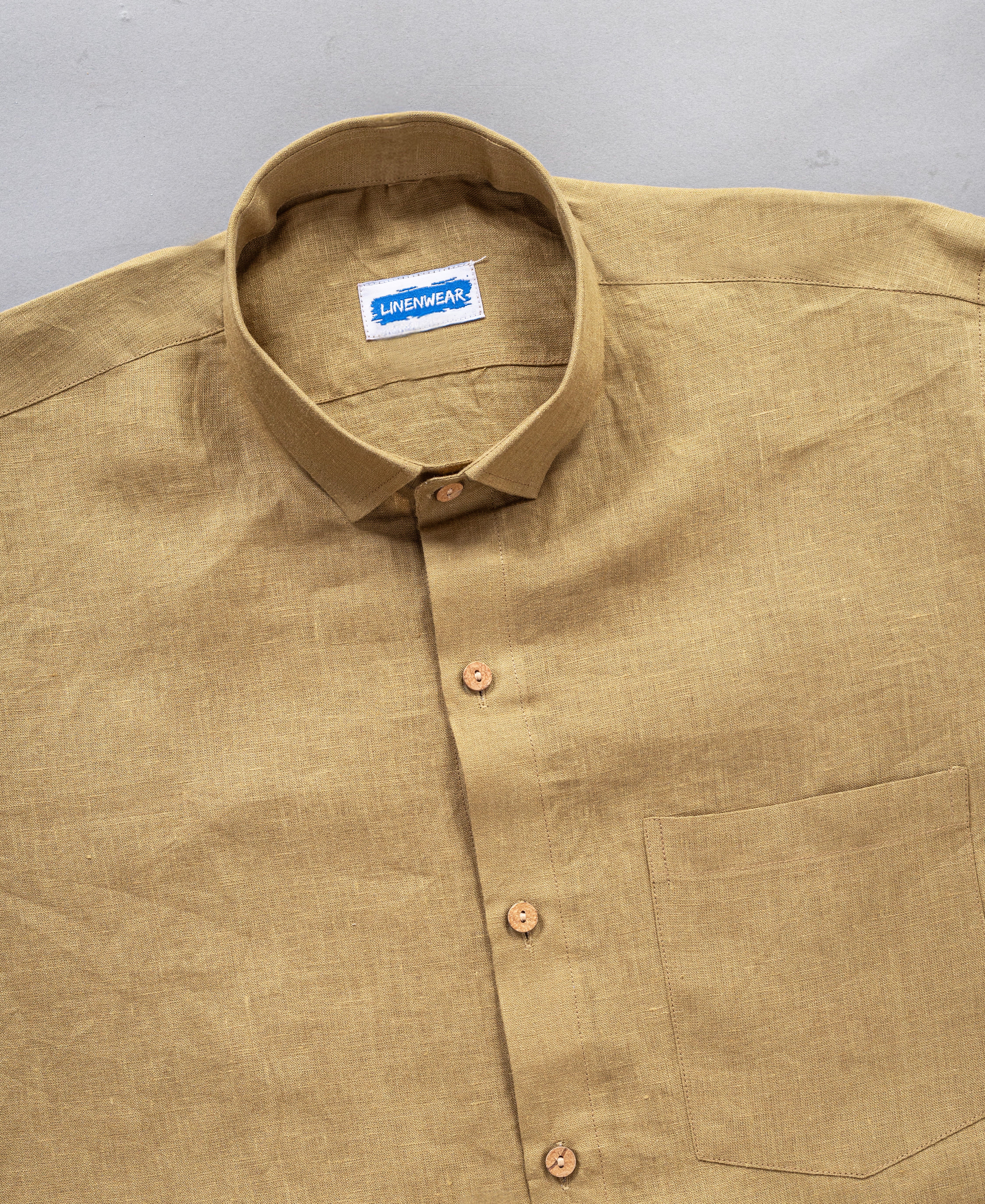 Olive Brown Pure Linen Shirt Relaxed Fit With Pocket