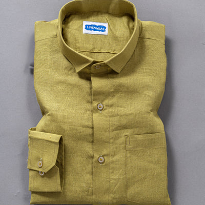 Mustard Green Pure Linen Shirt Formal Wear Full Sleeve
