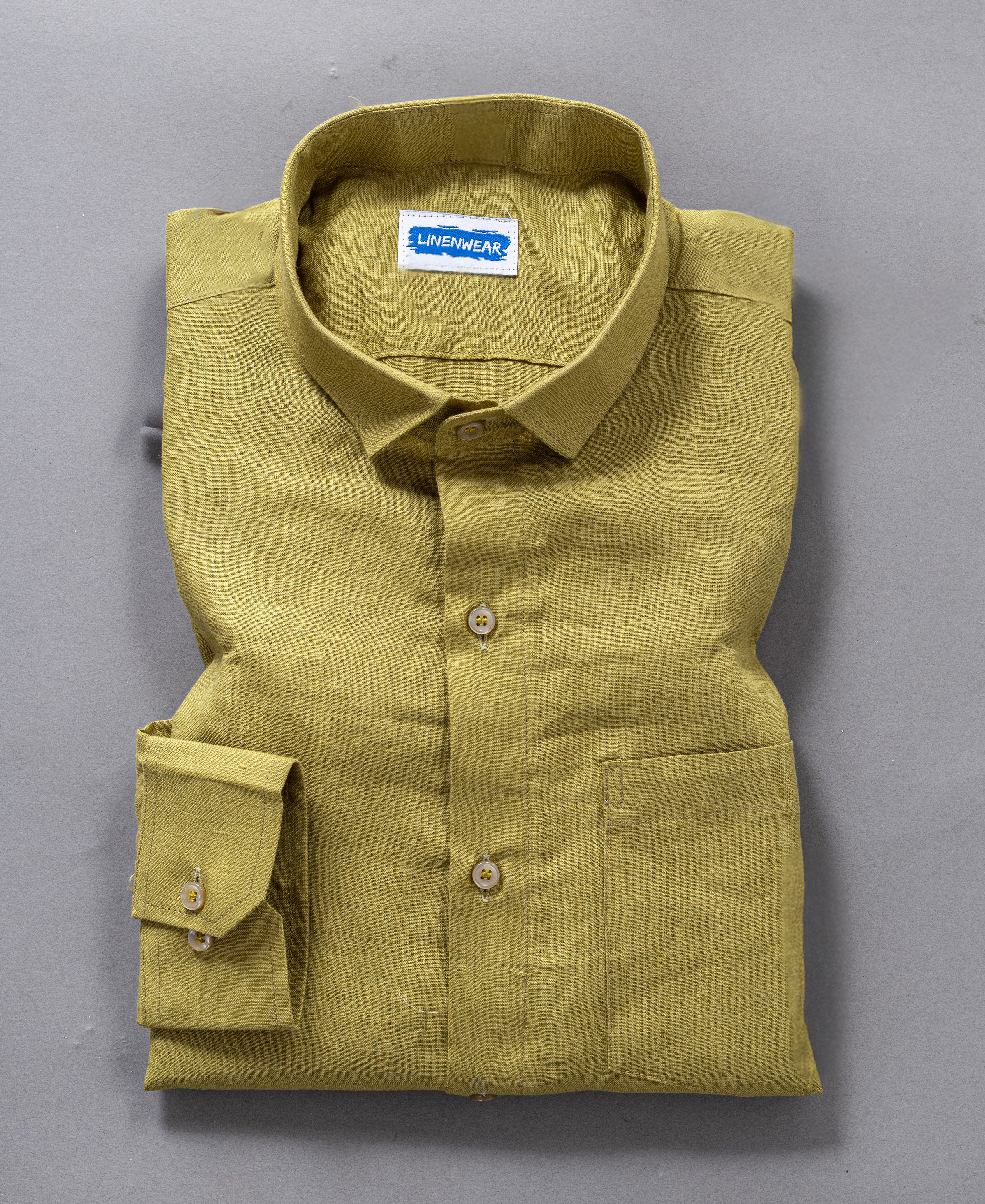 Mustard Green Pure Linen Shirt Formal Wear Full Sleeve