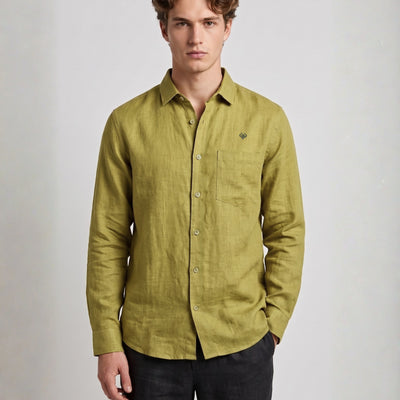 Mustard Green Pure Linen Shirt Formal Wear Full Sleeve
