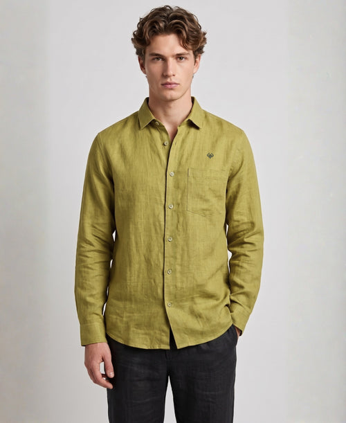 Mustard Green Pure Linen Shirt Formal Wear Full Sleeve