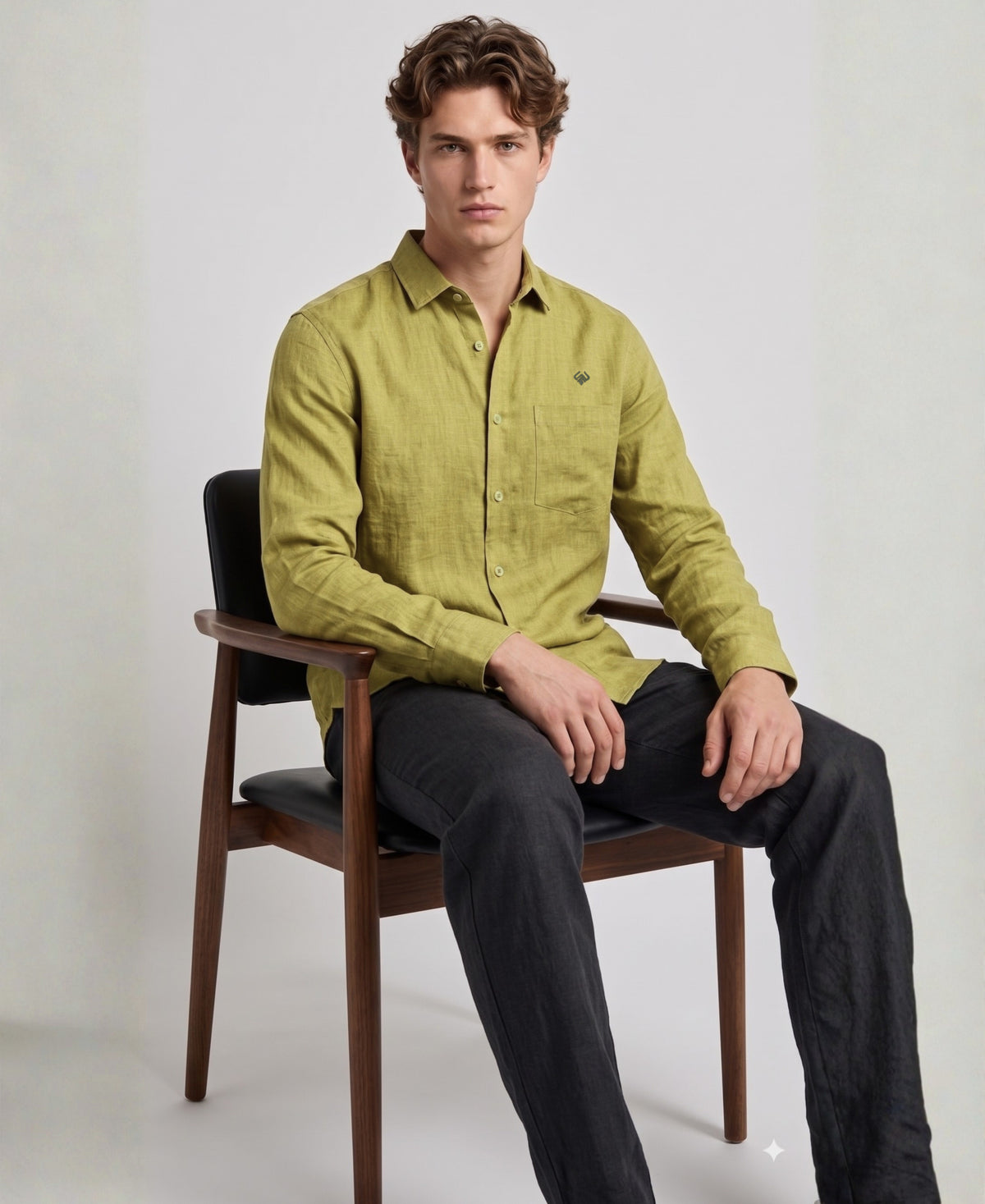 Mustard Green Pure Linen Shirt Formal Wear Full Sleeve