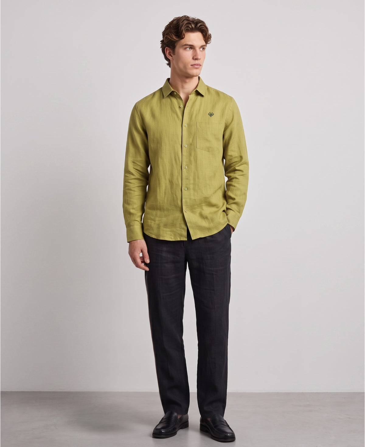 Mustard Green Pure Linen Shirt Formal Wear Full Sleeve