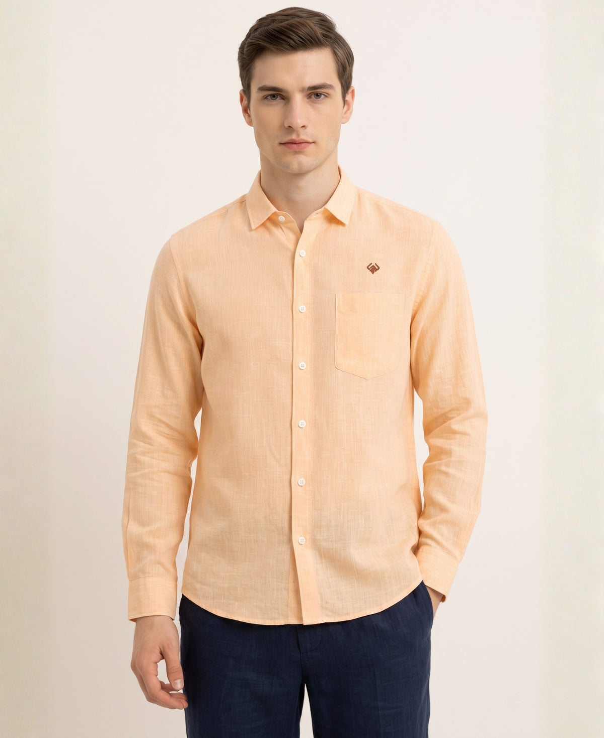 Pure Linen Peach Orange Summer Breeze Style Shirt For Men