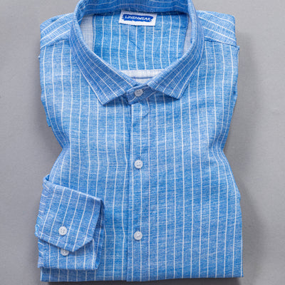 Cool Coastal Casual Sky Blue Striped Hemp Linen Shirt