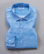 Cool Coastal Casual Sky Blue Striped Hemp Linen Shirt