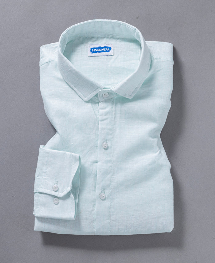 Aqua Blue Spread Collar Pure Linen 60 LEA Shirt