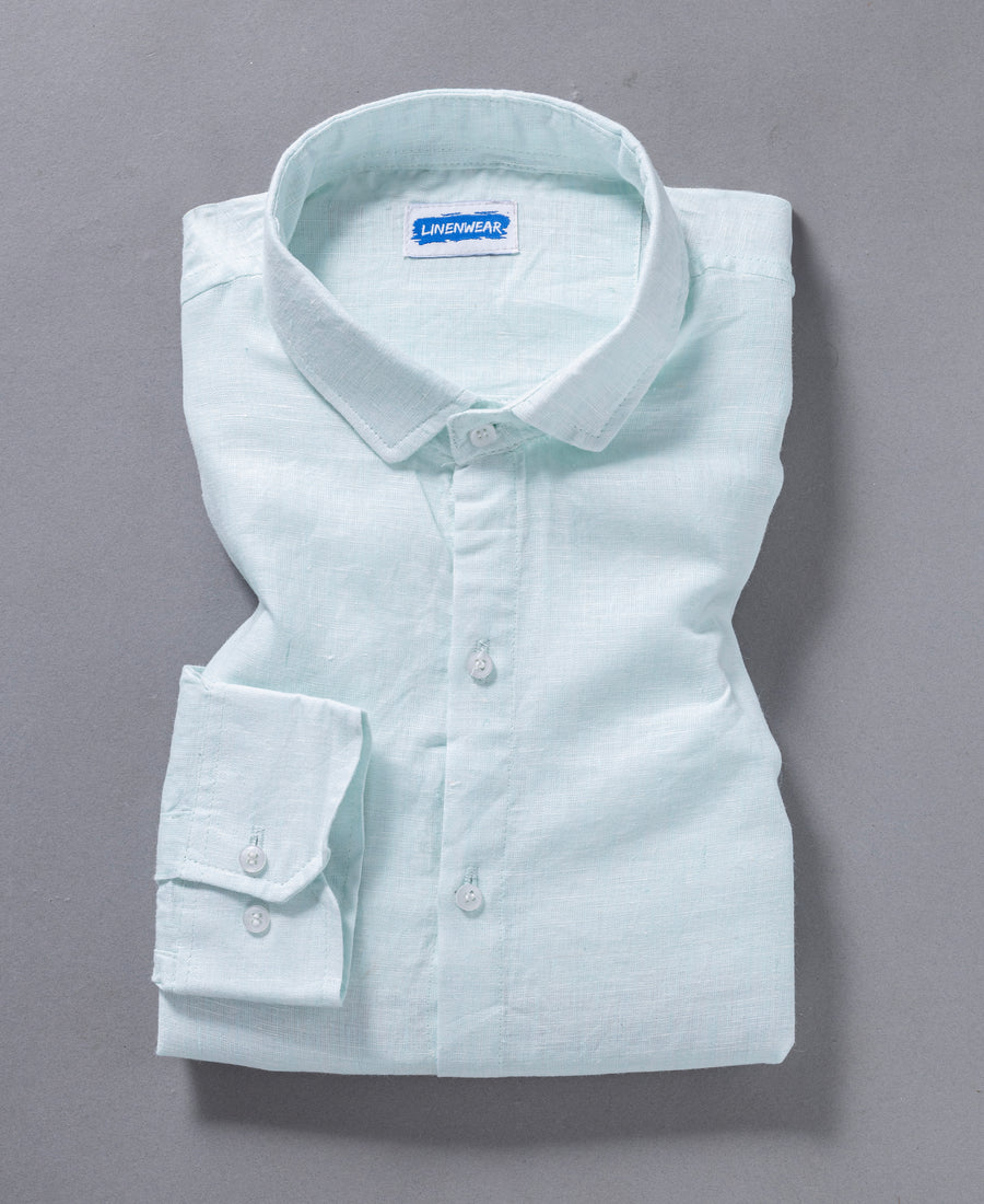 Aqua Blue Spread Collar Pure Linen 60 LEA Shirt