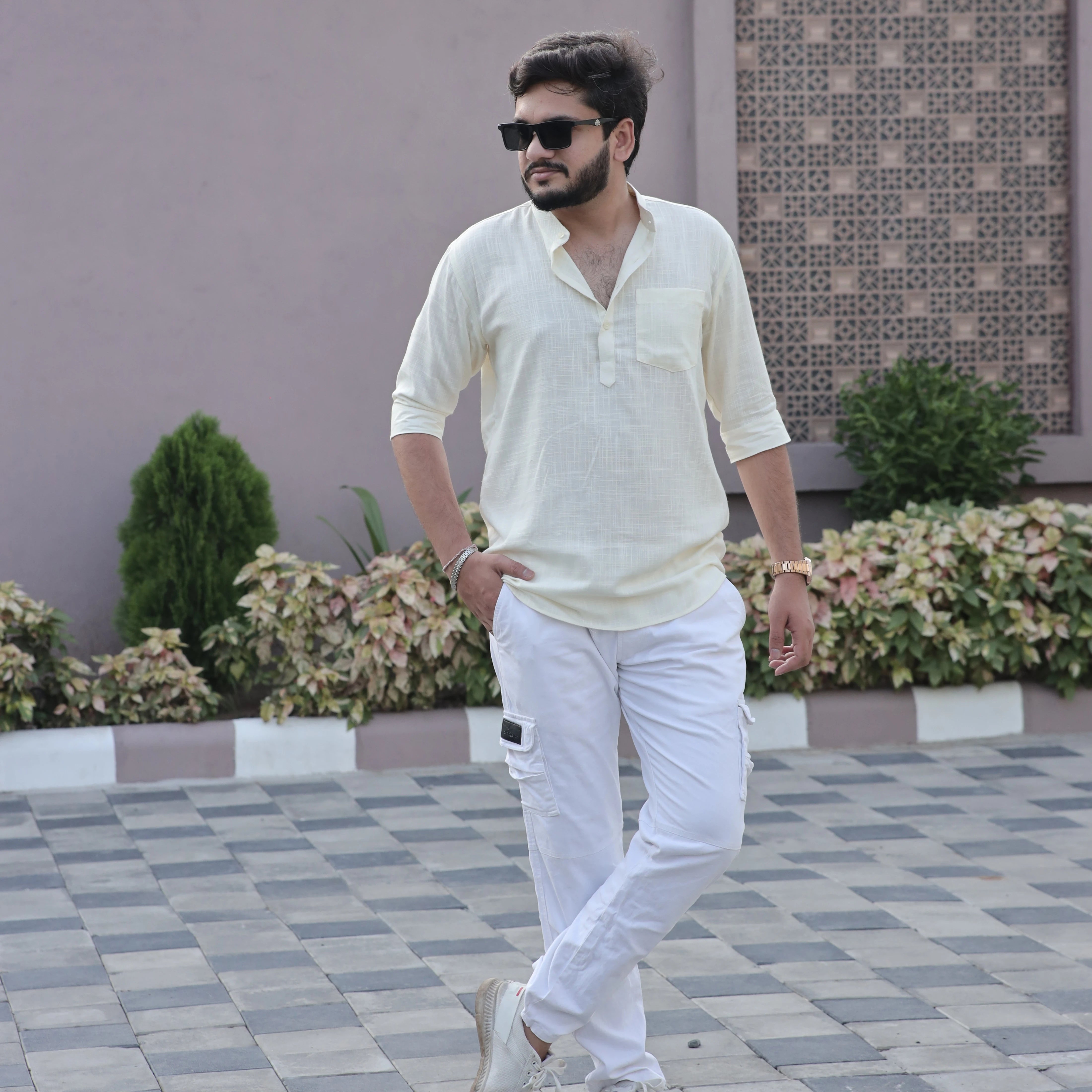 Men's Light Yellow Fancy Linen Dyed Kurta with Band Collar & Pocket