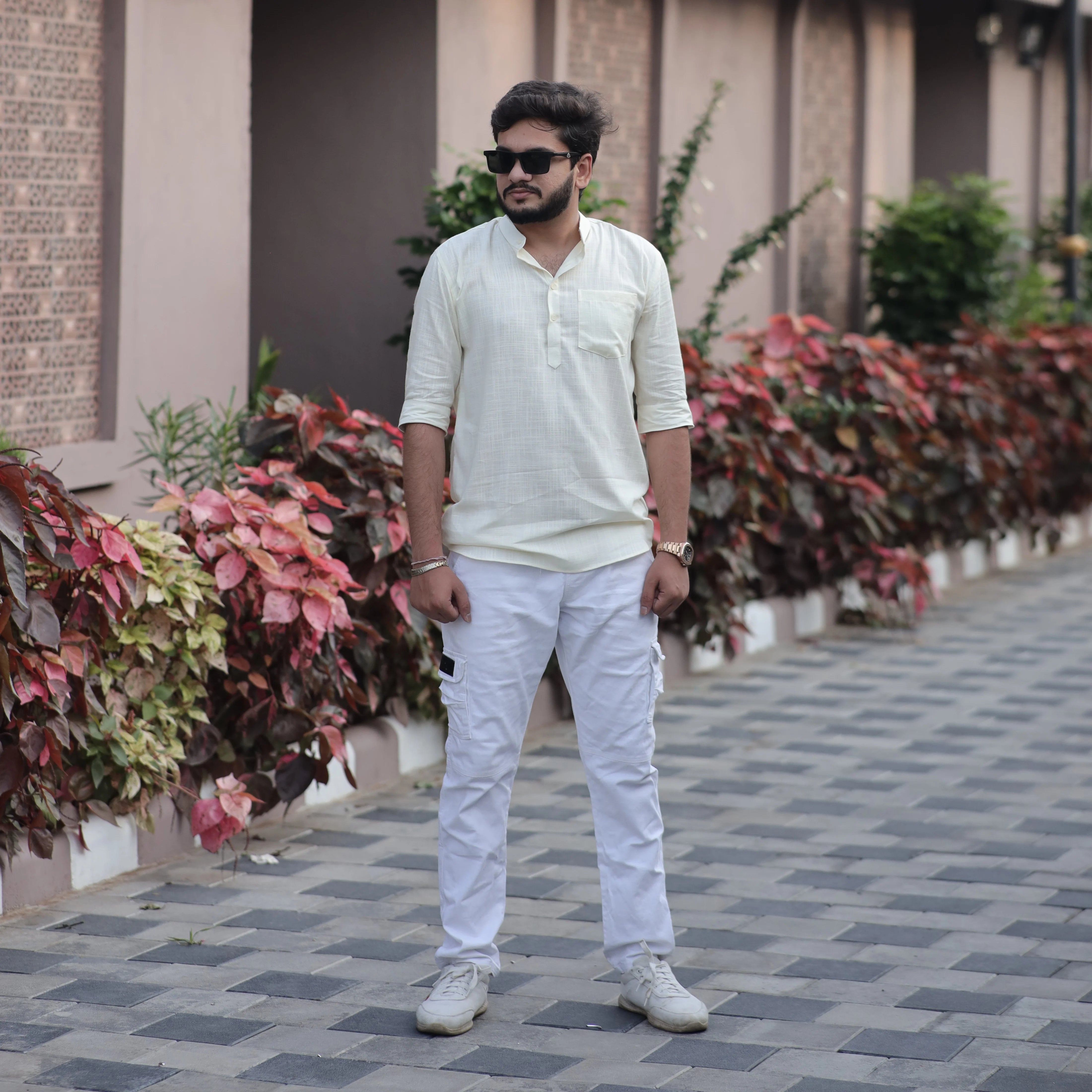 Men's Light Yellow Fancy Linen Dyed Kurta with Band Collar & Pocket