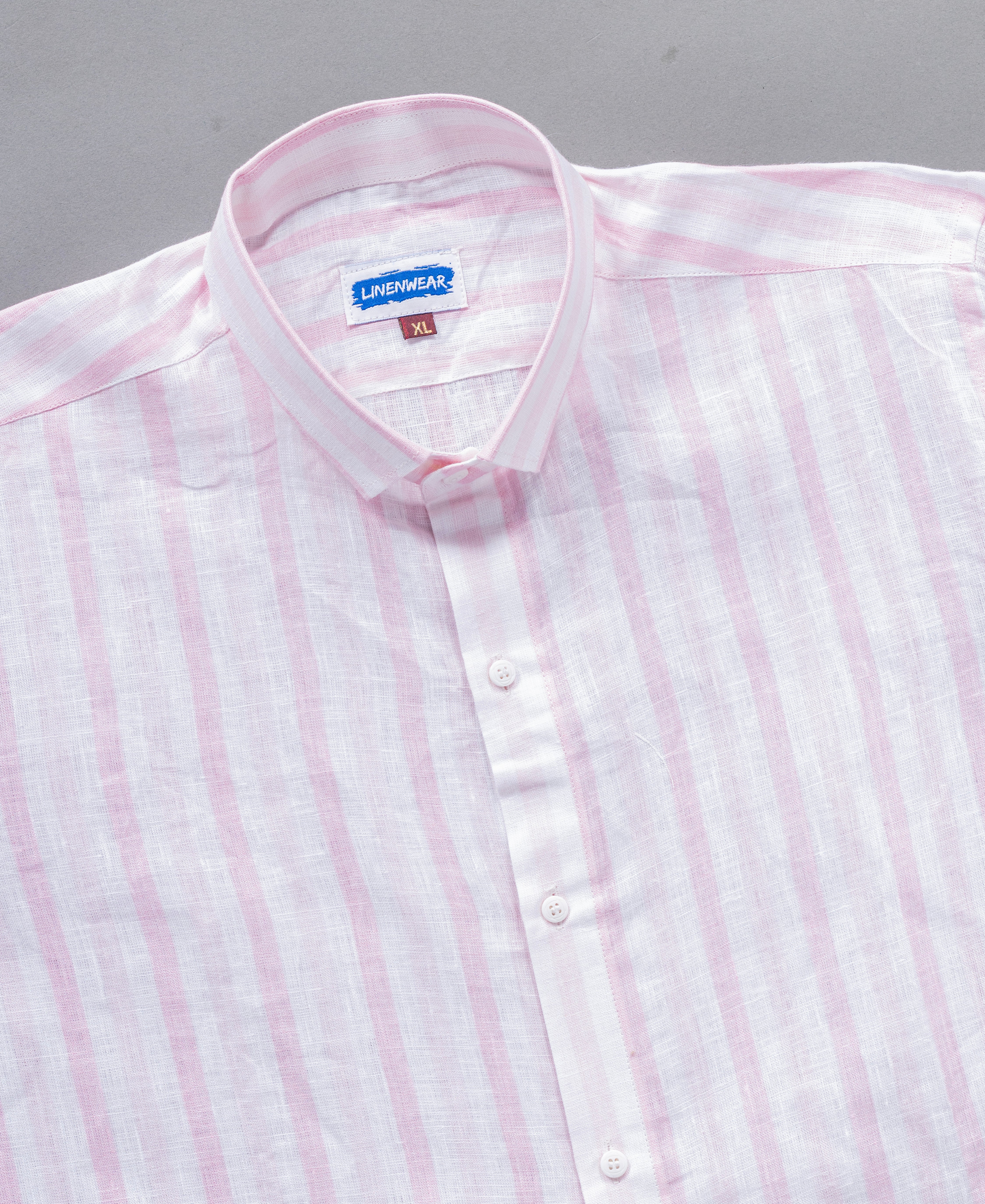 Pink Striped Pure Linen Shirt for Men – Long Sleeve Regular Collar