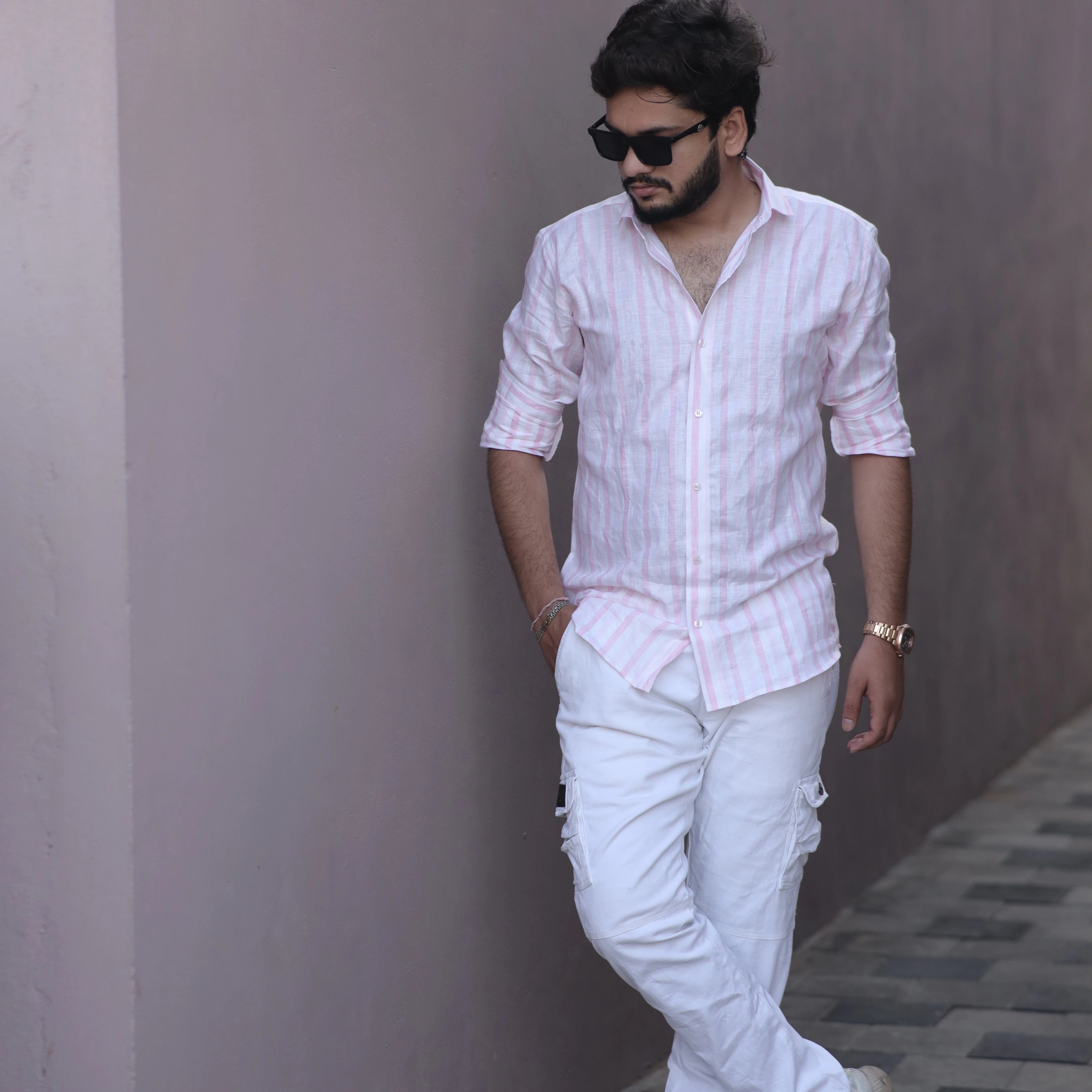 Pink Striped Pure Linen Shirt for Men – Long Sleeve Regular Collar