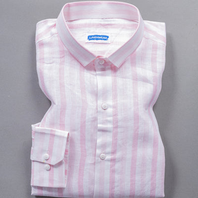 Pink Striped Pure Linen Shirt for Men – Long Sleeve Regular Collar