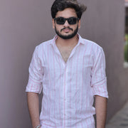 Pink Striped Pure Linen Shirt for Men – Long Sleeve Regular Collar