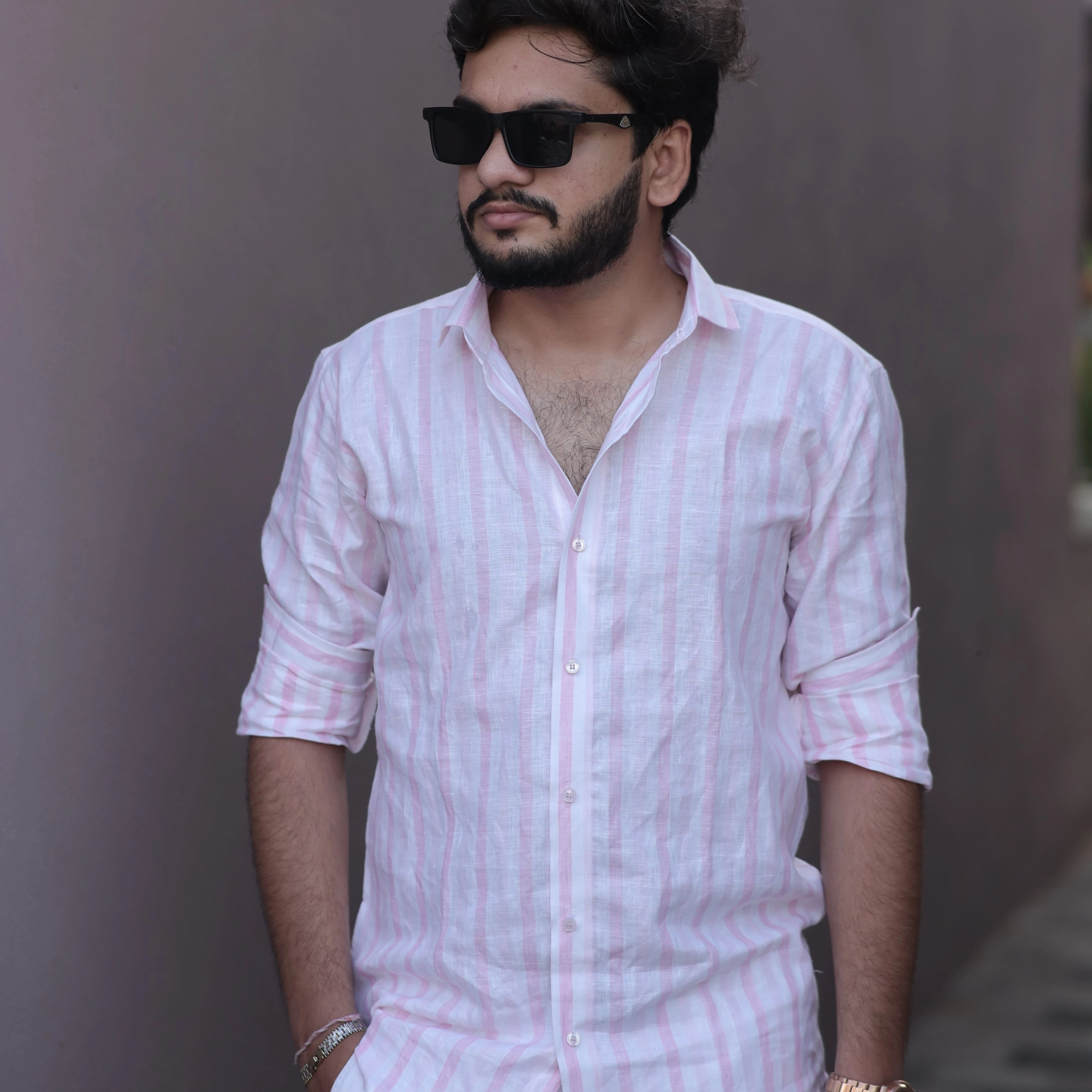 Pink Striped Pure Linen Shirt for Men – Long Sleeve Regular Collar