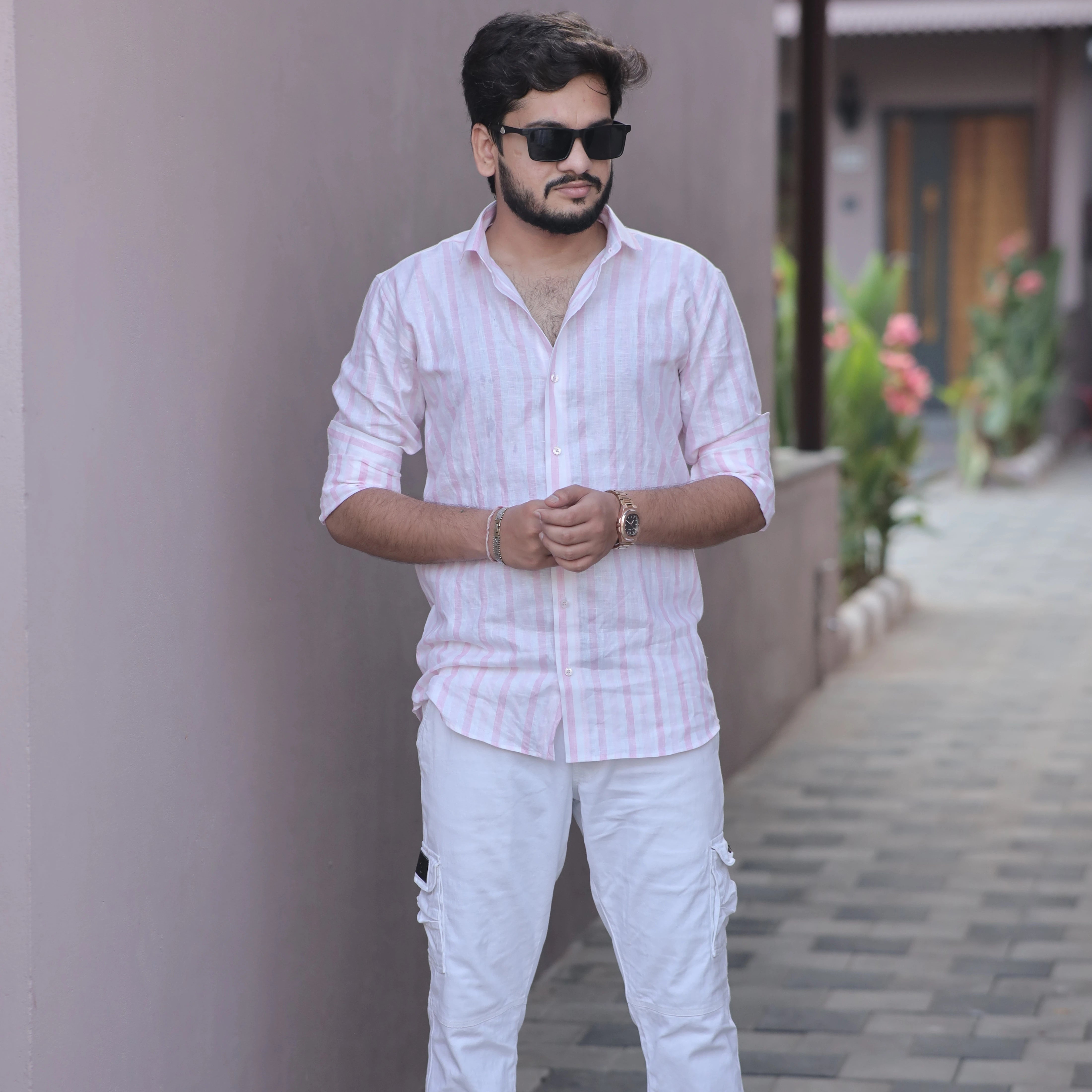 Pink Striped Pure Linen Shirt for Men – Long Sleeve Regular Collar