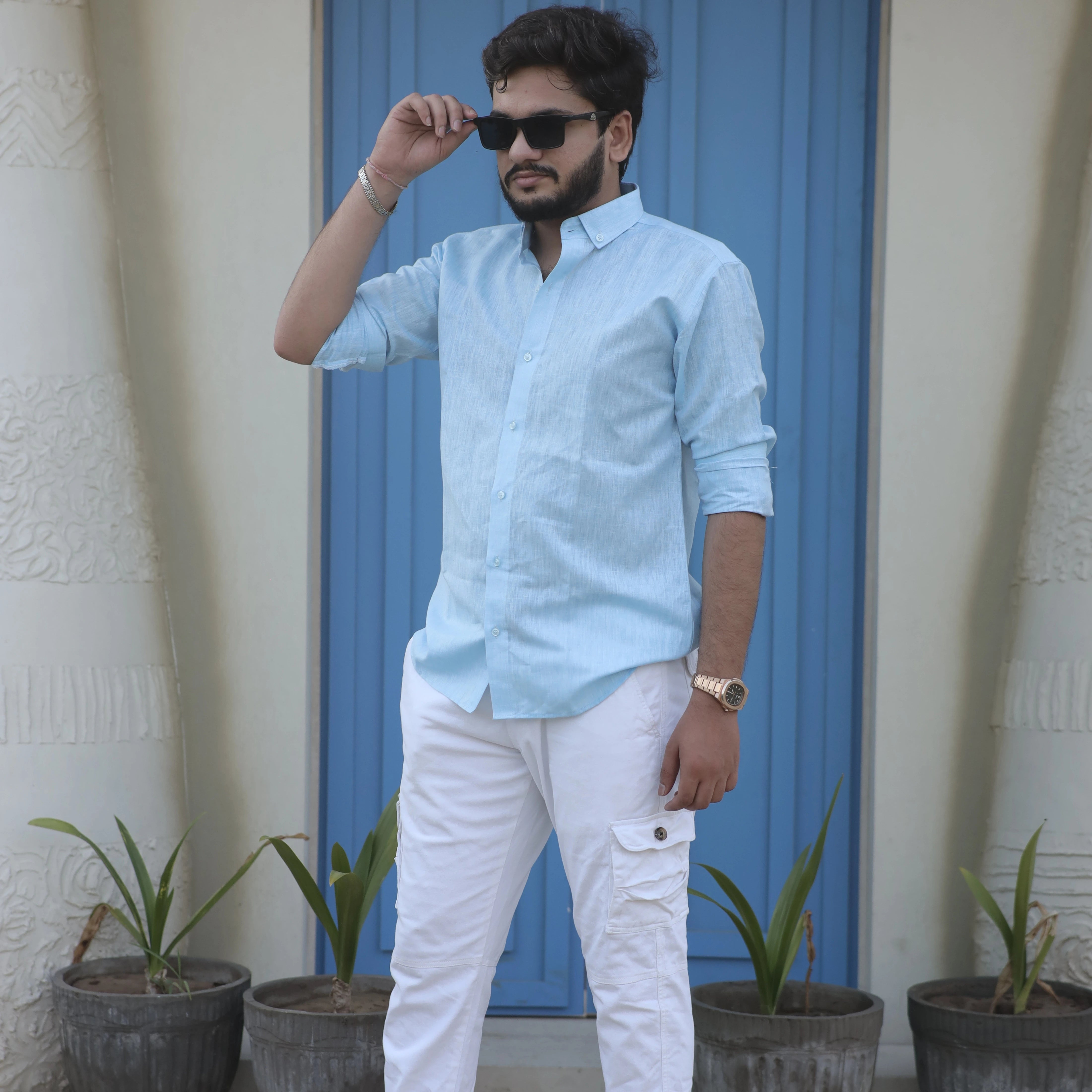Light Blue Cotton Linen Shirt for Men – Button Down Collar Casual Fit