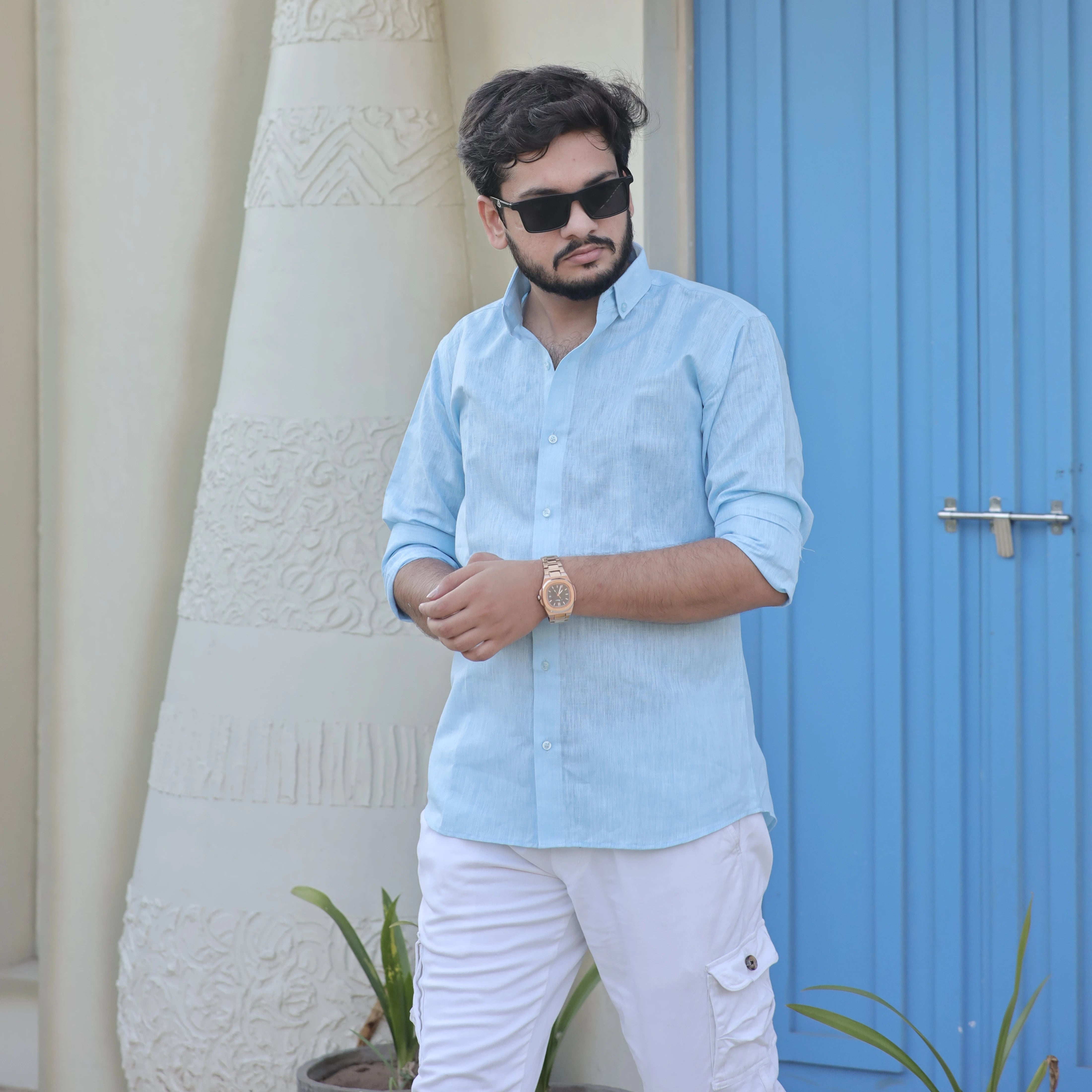 Light Blue Cotton Linen Shirt for Men – Button Down Collar Casual Fit