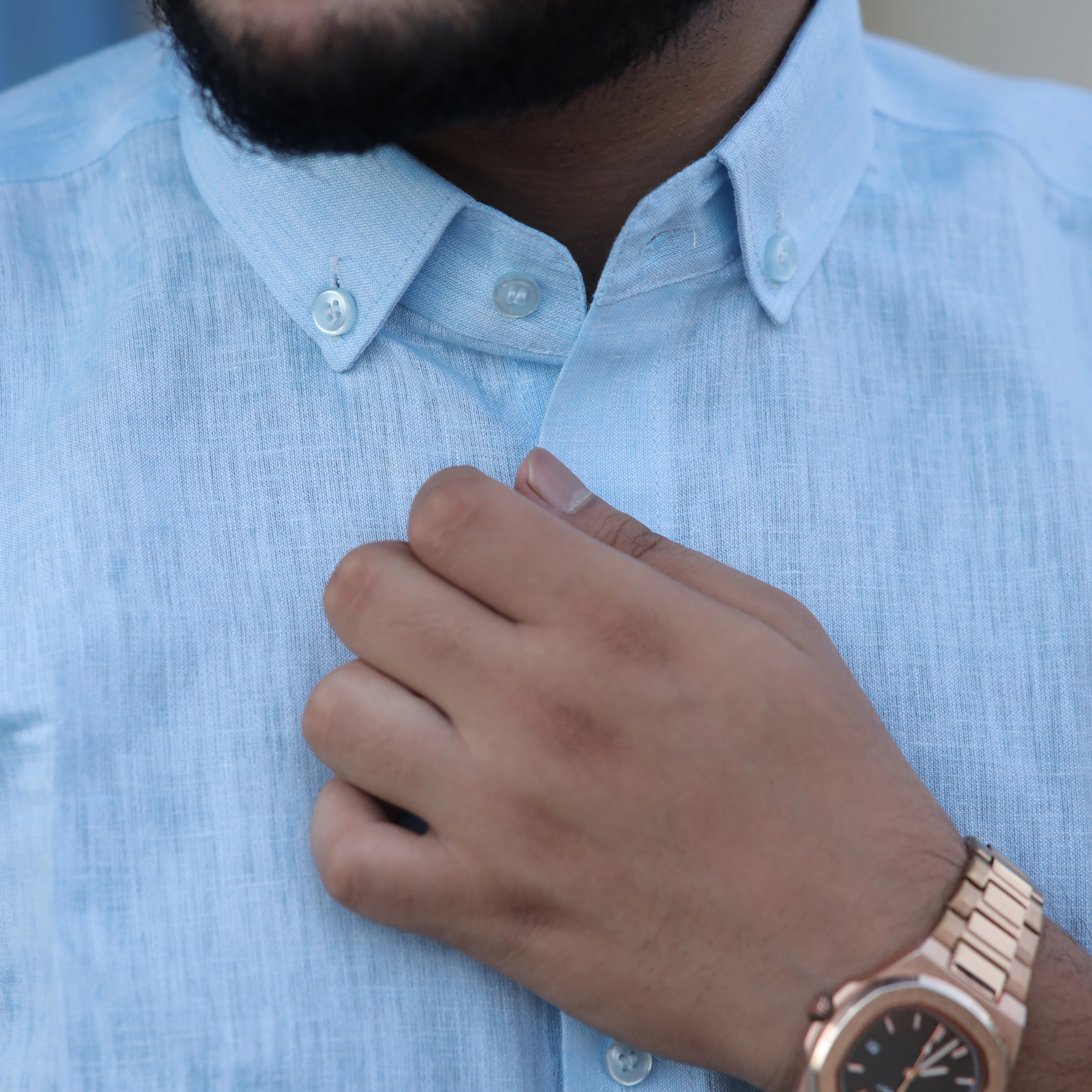 Light Blue Cotton Linen Shirt for Men – Button Down Collar Casual Fit