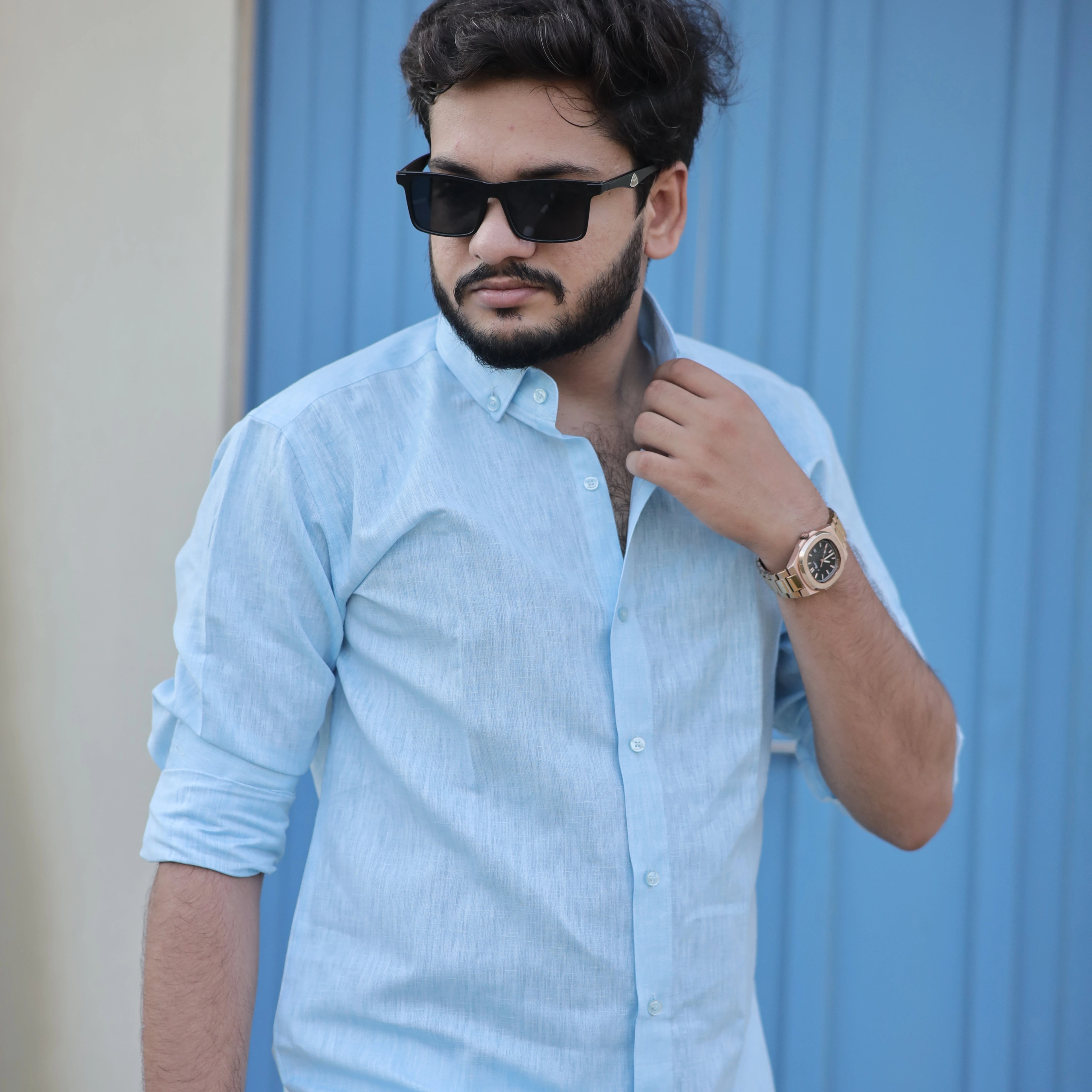 Light Blue Cotton Linen Shirt for Men – Button Down Collar Casual Fit