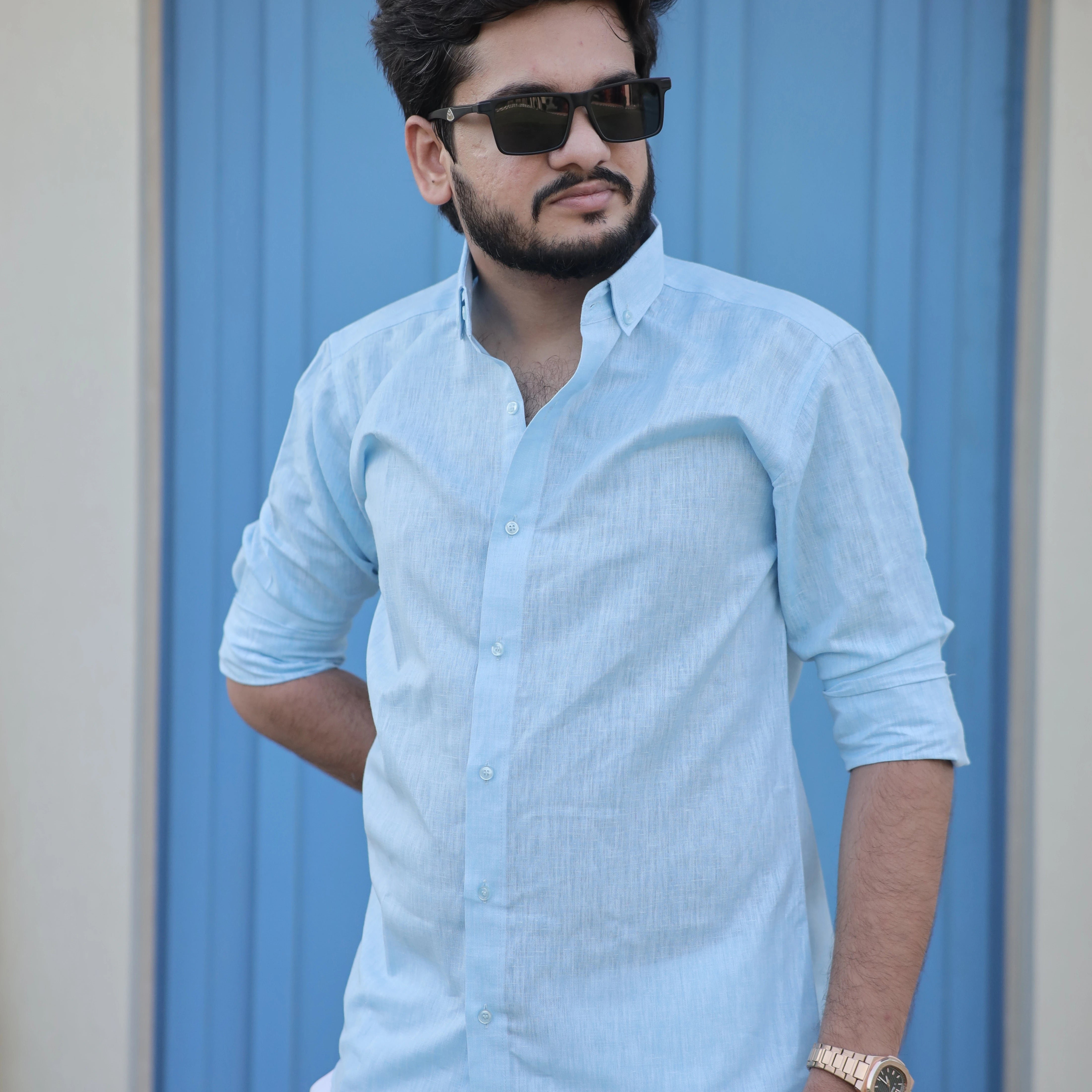Light Blue Cotton Linen Shirt for Men – Button Down Collar Casual Fit