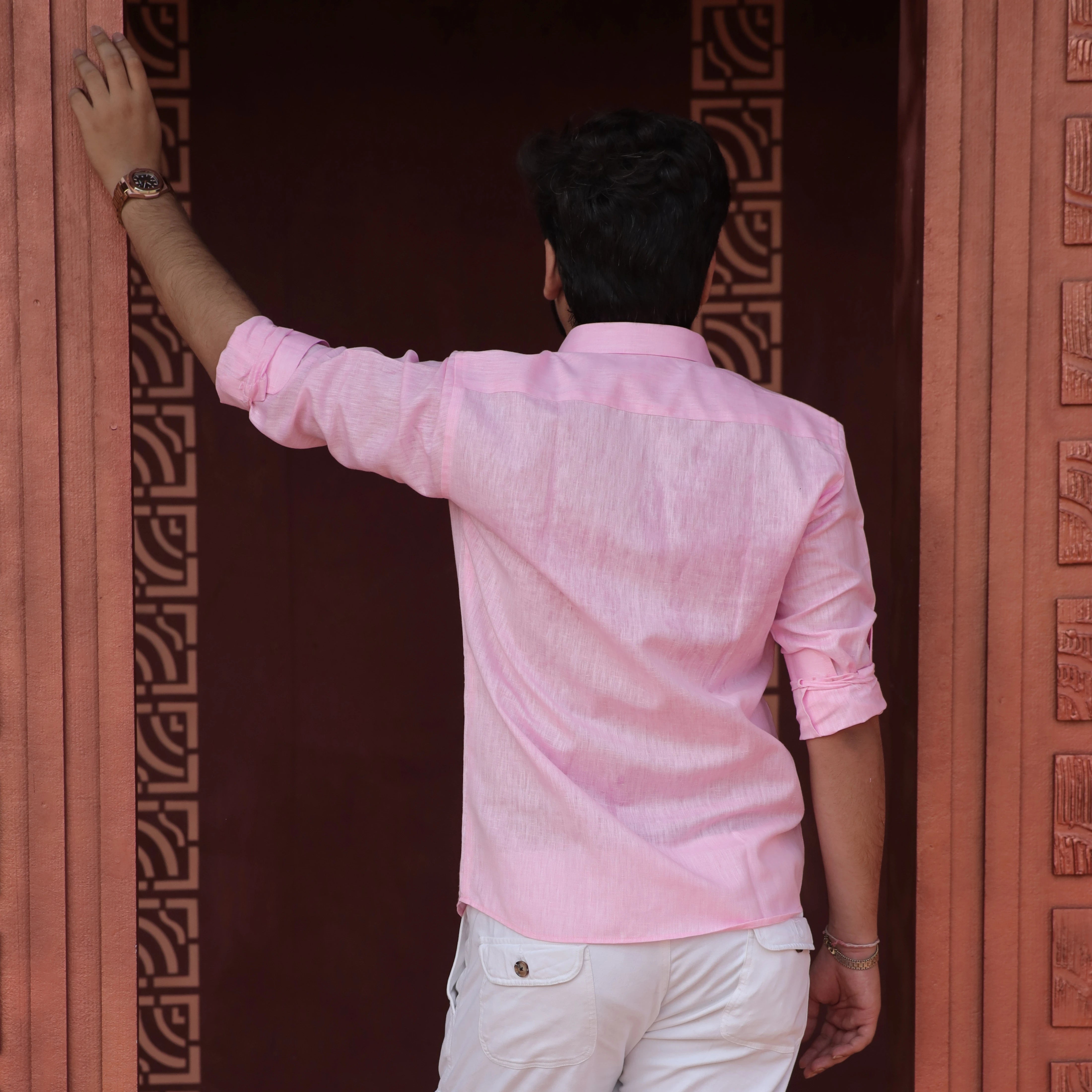 Light Pink Cotton Linen Shirt for Men Full Sleeve Formal Wear