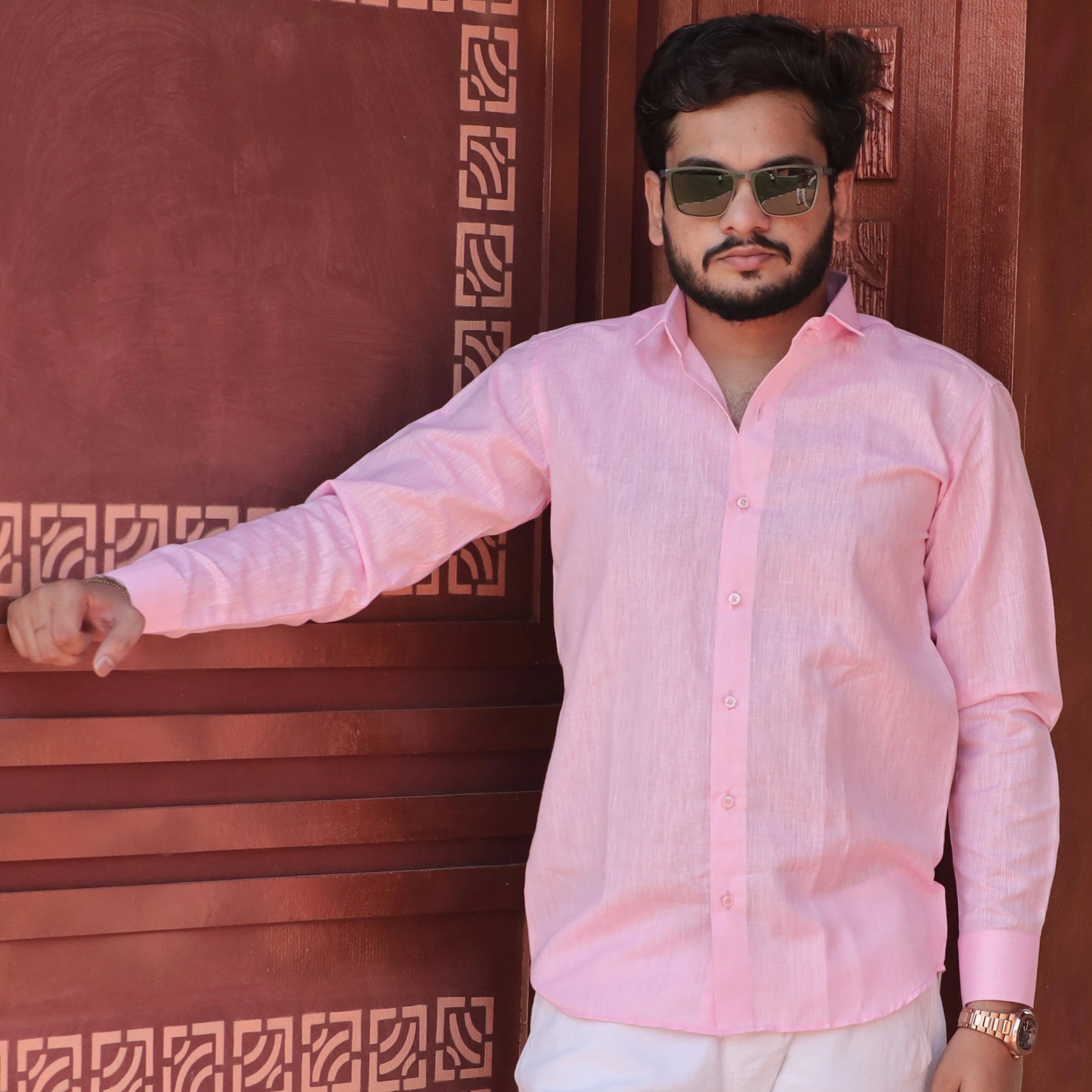 Light Pink Cotton Linen Shirt for Men Full Sleeve Formal Wear