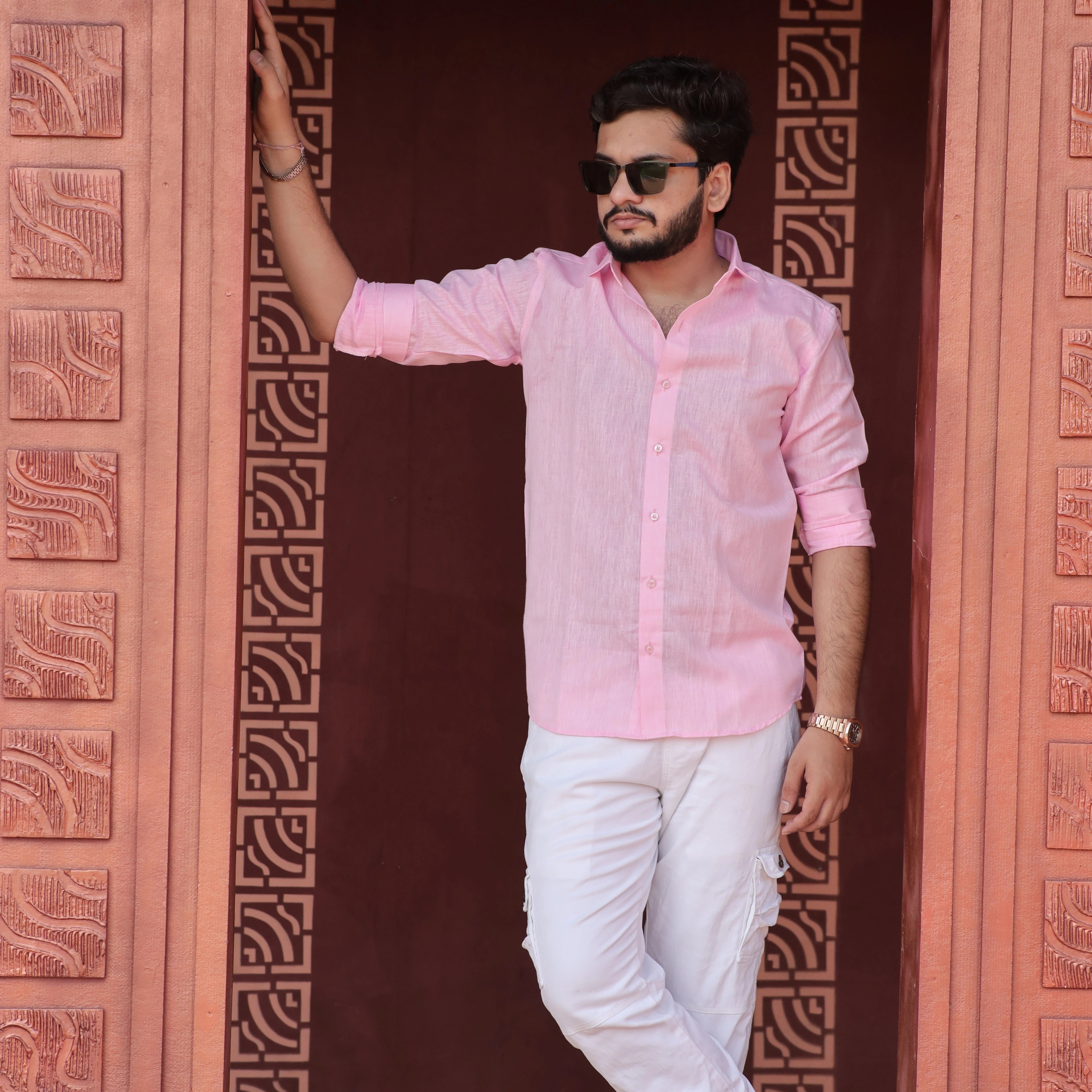 Light Pink Cotton Linen Shirt for Men Full Sleeve Formal Wear