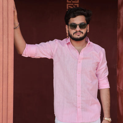 Light Pink Cotton Linen Shirt for Men Full Sleeve Formal Wear