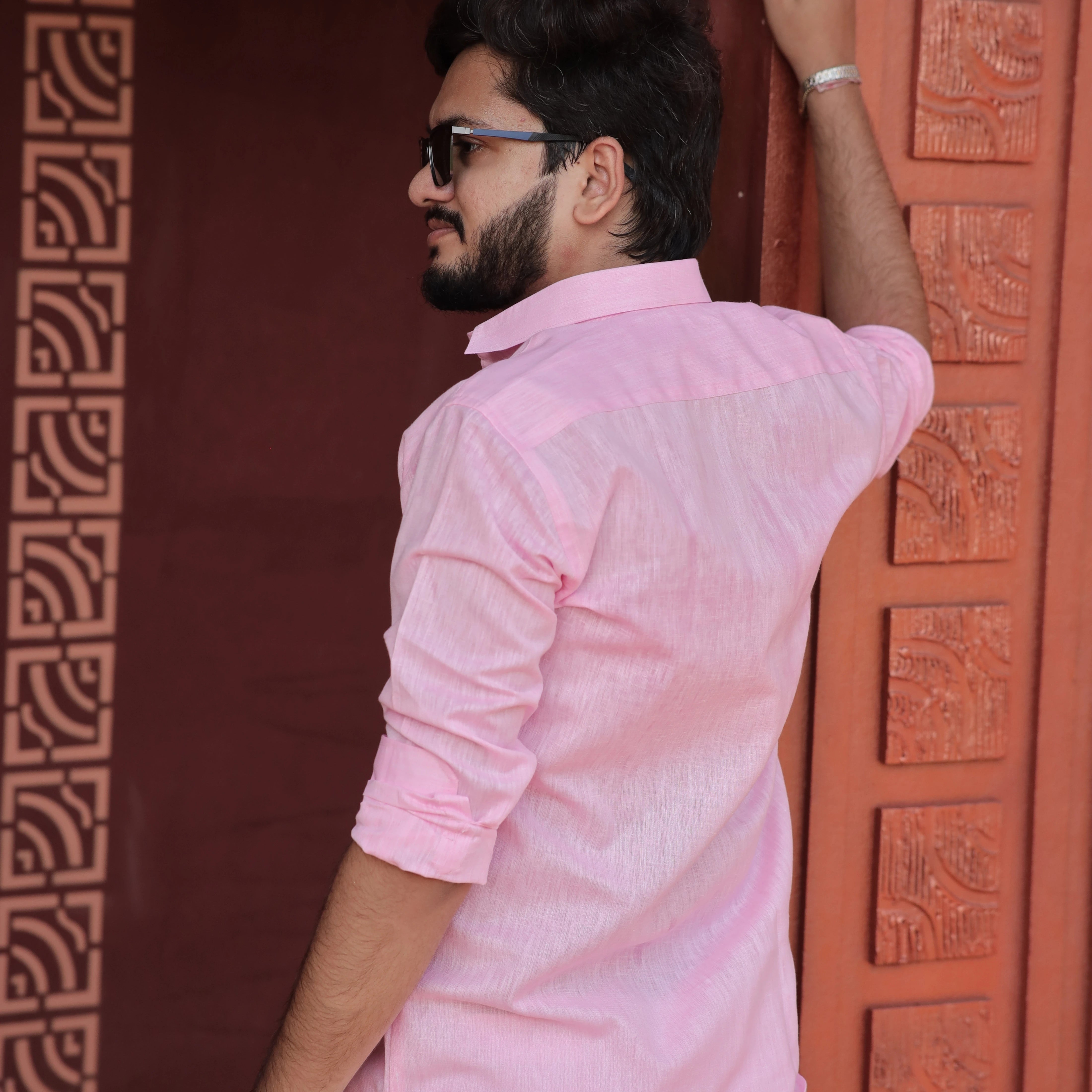 Light Pink Cotton Linen Shirt for Men Full Sleeve Formal Wear
