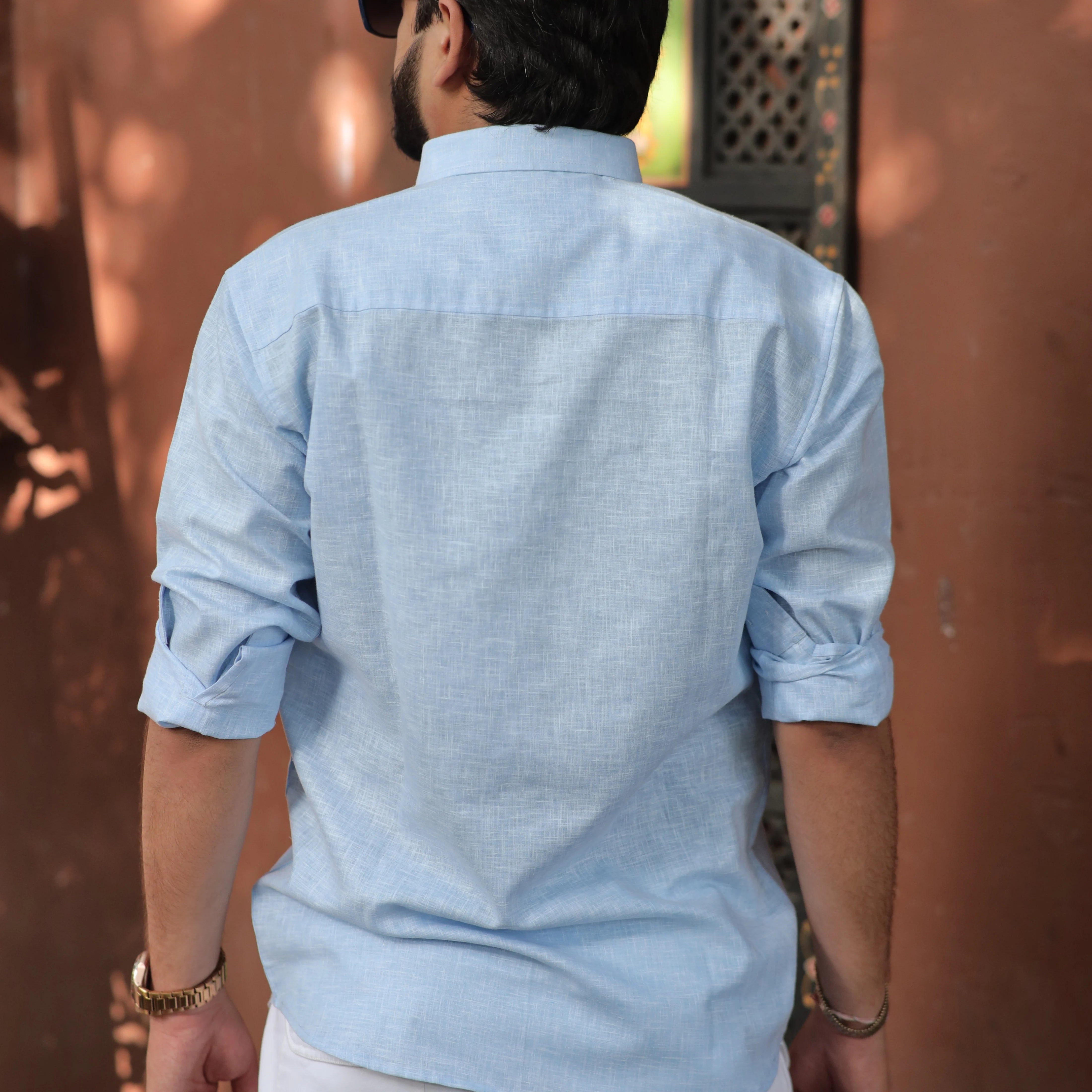 Light Blue Cotton Linen Shirt for Men - Full Sleeve Slim Fit