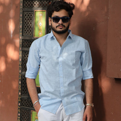 Light Blue Cotton Linen Shirt for Men - Full Sleeve Slim Fit