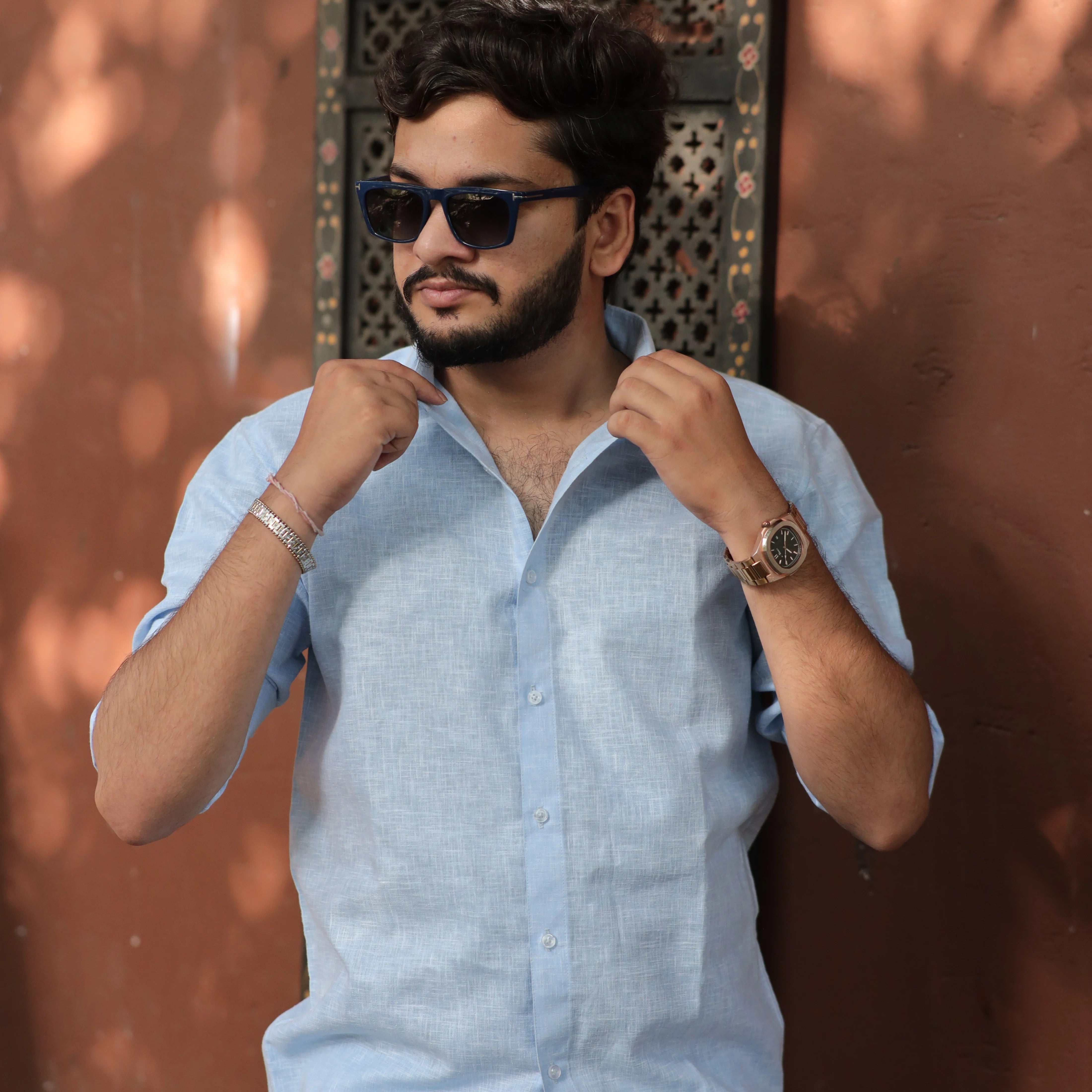 Light Blue Cotton Linen Shirt for Men - Full Sleeve Slim Fit