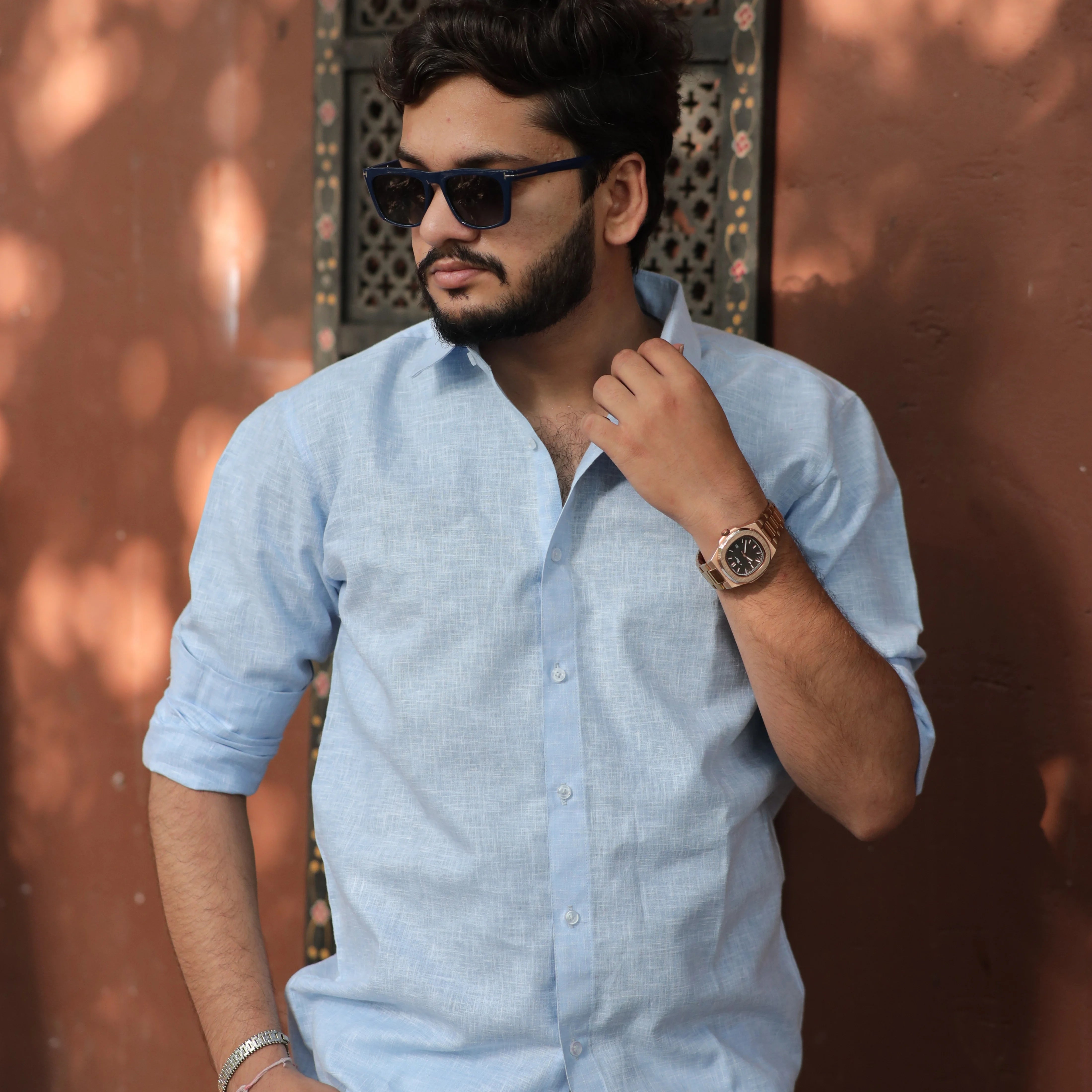 Light Blue Cotton Linen Shirt for Men - Full Sleeve Slim Fit