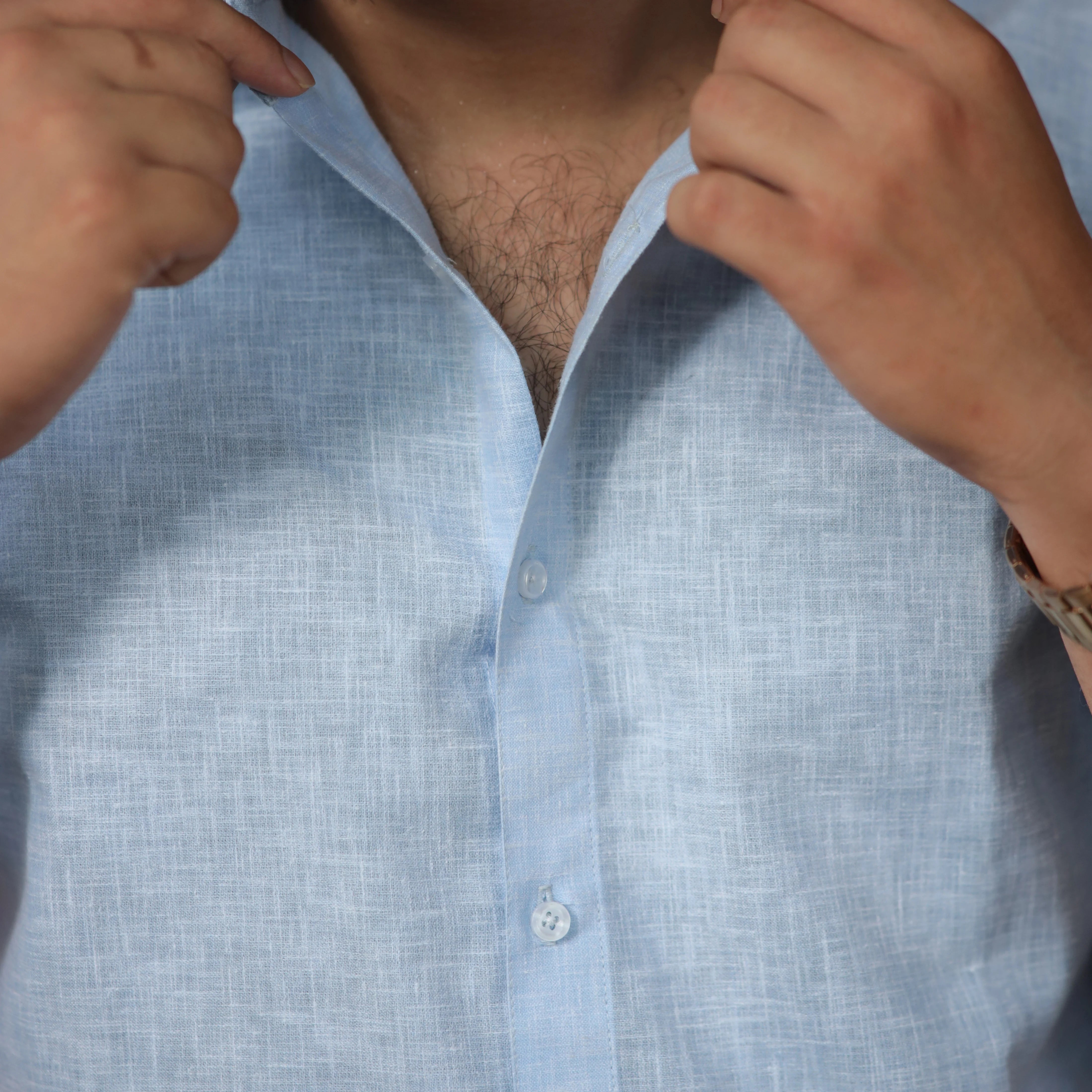 Light Blue Cotton Linen Shirt for Men - Full Sleeve Slim Fit
