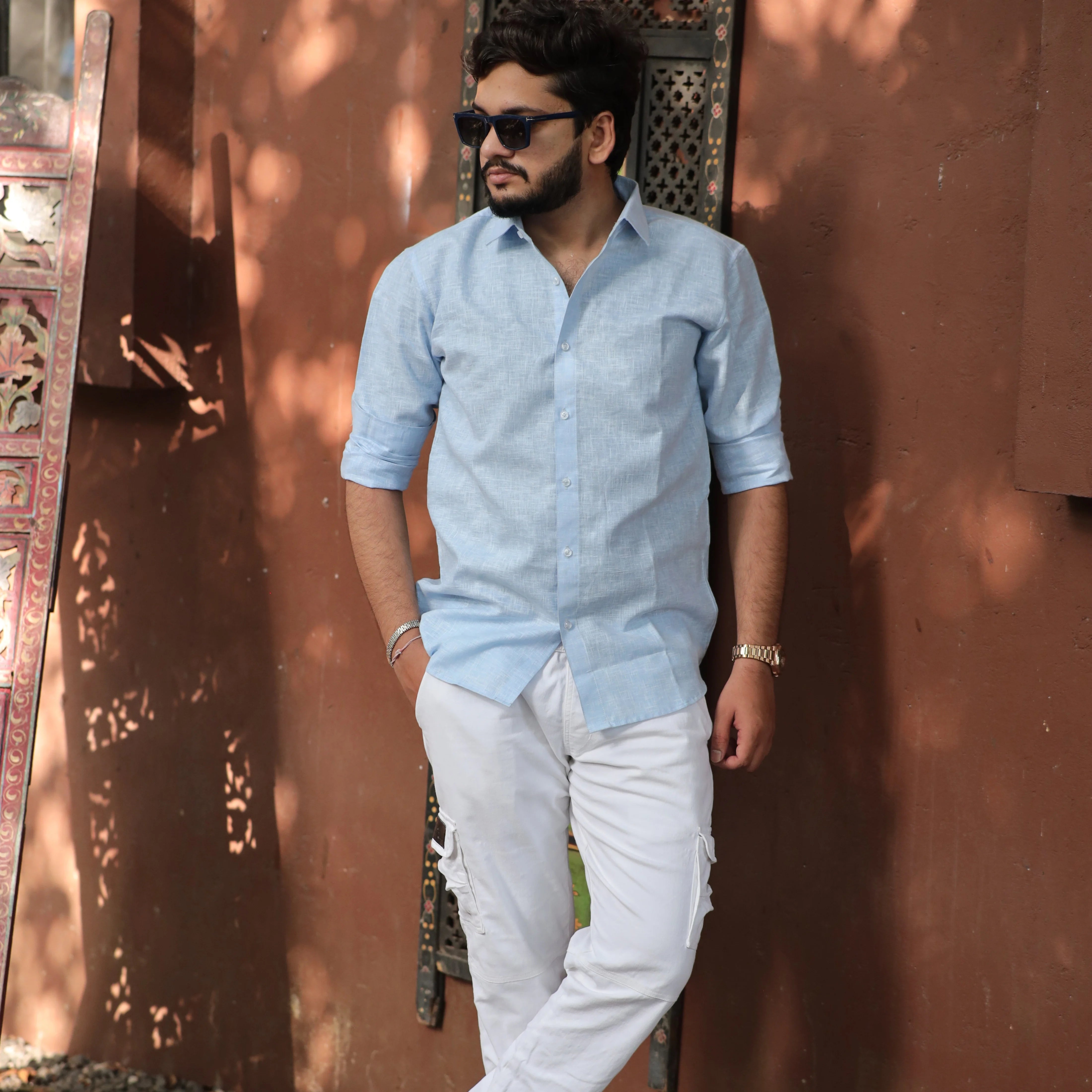 Light Blue Cotton Linen Shirt for Men - Full Sleeve Slim Fit